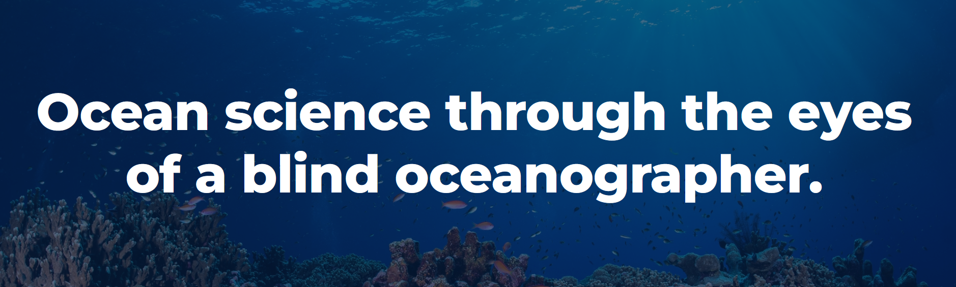 A screenshot of the home page of the OceanInsight webpage reading "Ocean science thorugh the eyes of a blind oceanographer."