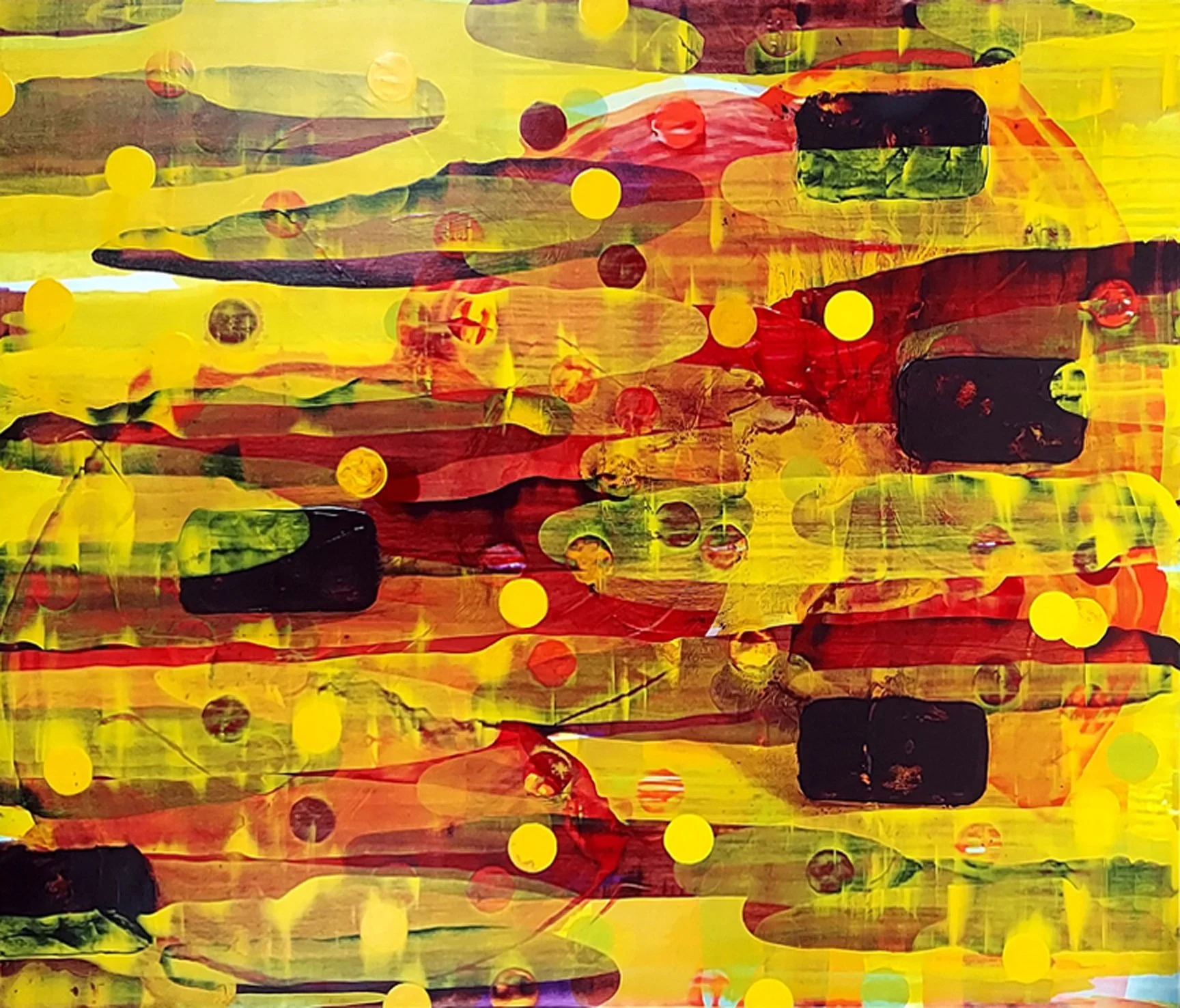 Large abstract painting with flowing rivers of colour, fractured surfaces, scar-like underpainting and expressive marks suggesting conflict, memory and transformation.