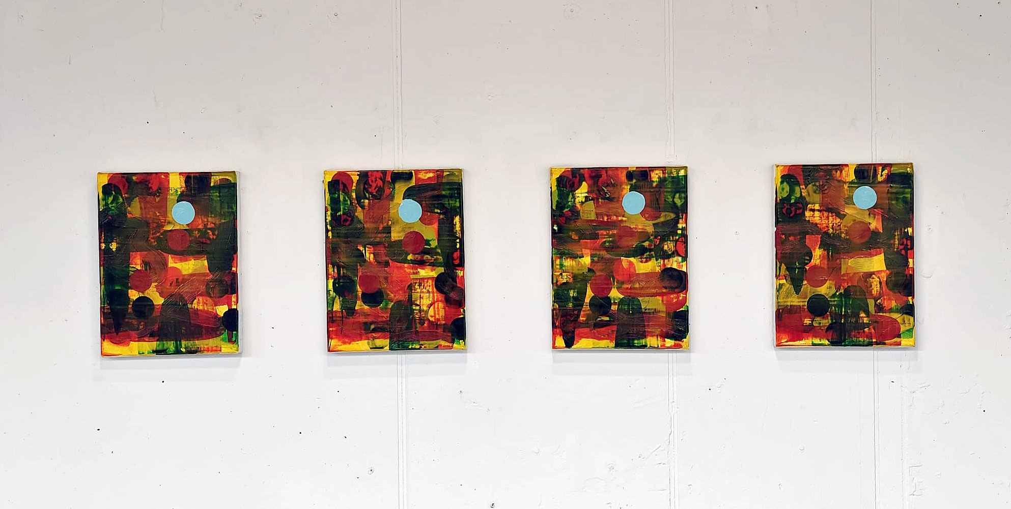 John Cronin, NEW ORIGINALS Quadriptych, 2026. Four abstract oil paintings on canvas with layered geometric forms, textured surfaces and subtle variations across the series.