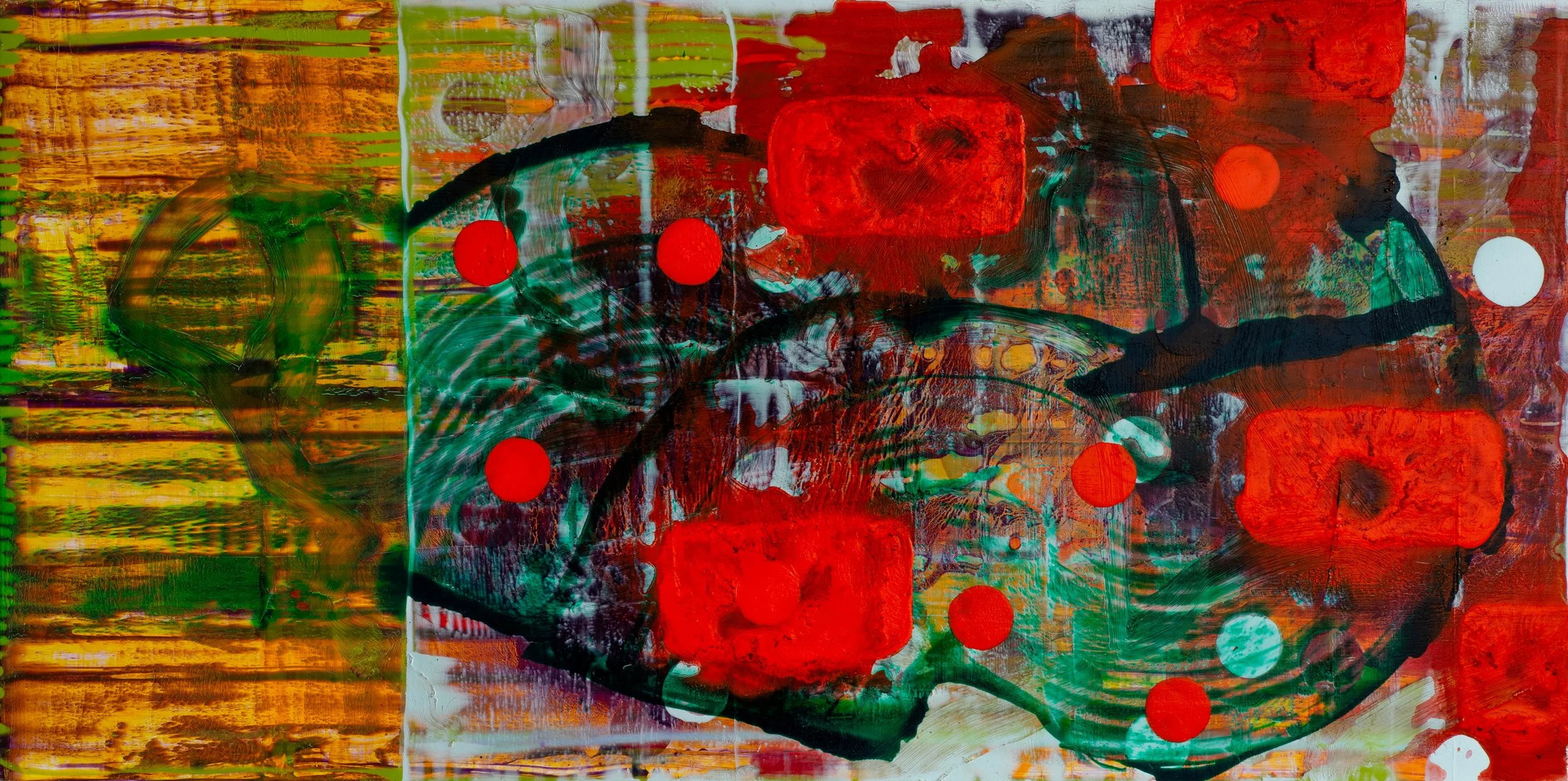 Integrated Mainstream, abstract oil painting on aluminium by Irish painter John Cronin from the Fictional Fiction series.