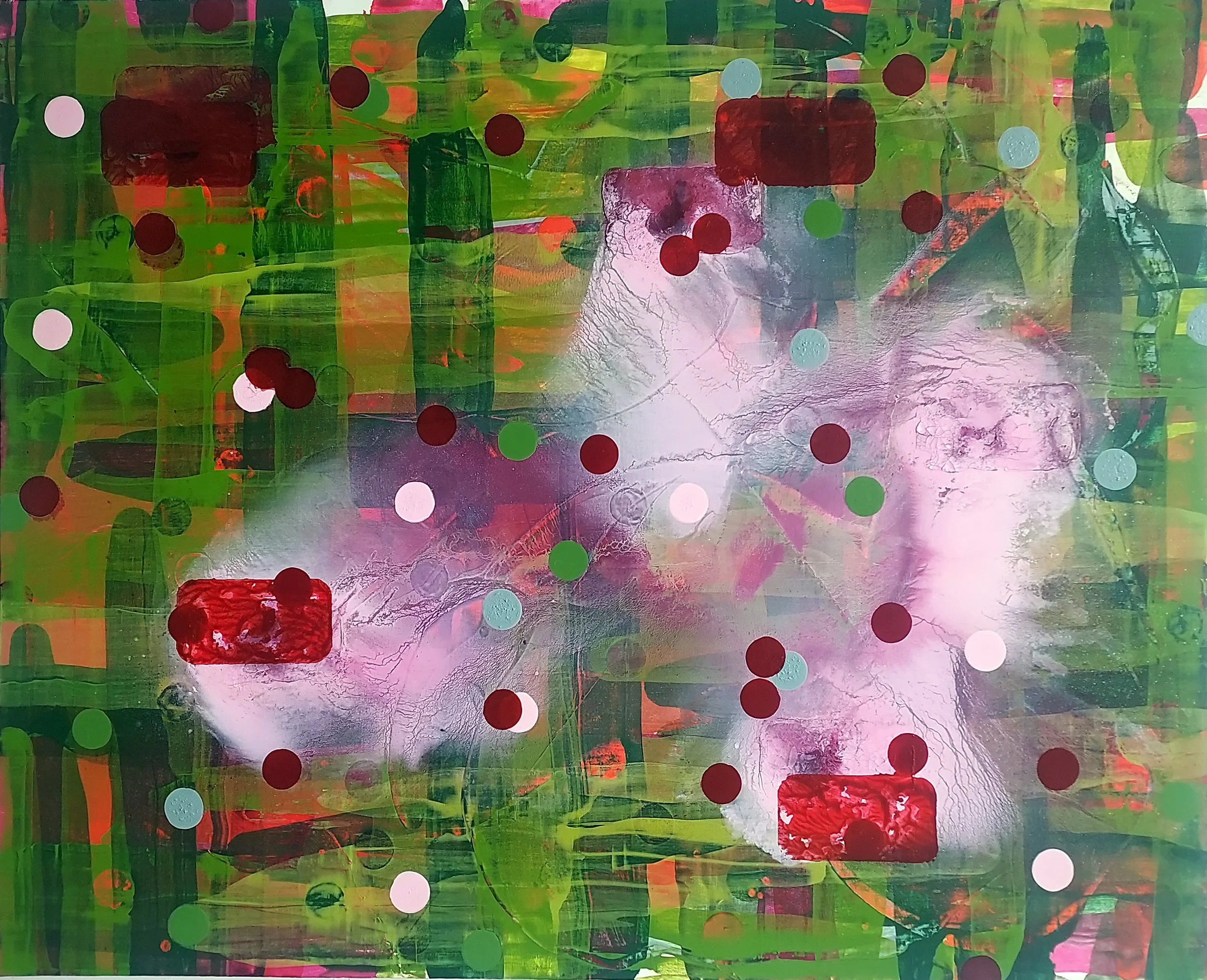 Expressive abstract oil painting with organic forms, mechanical shapes, cracked paint surfaces and flowing colour reflecting technological complexity and fragmented truth.