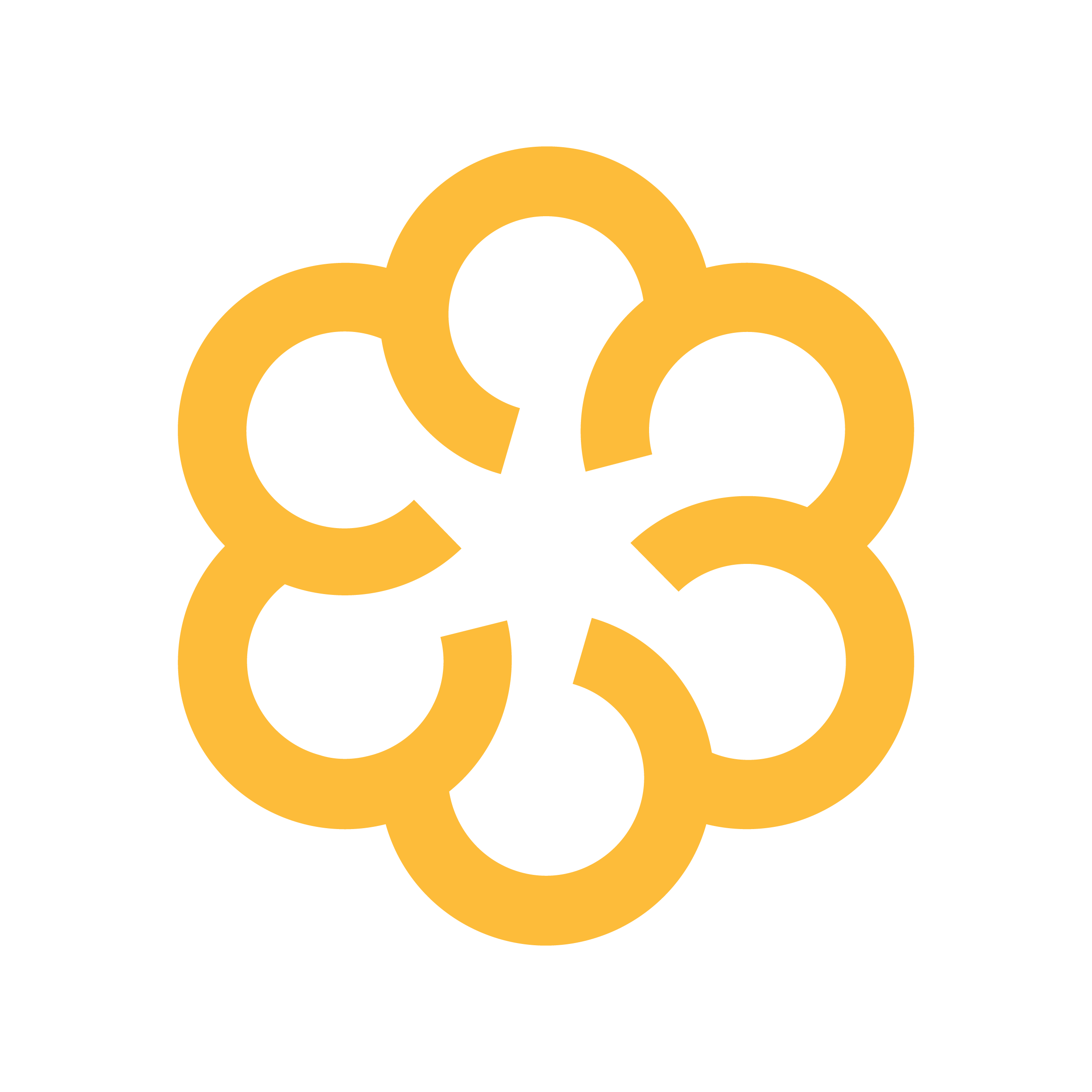 A yellow and black logo with surrounding yellow circles and a black center.