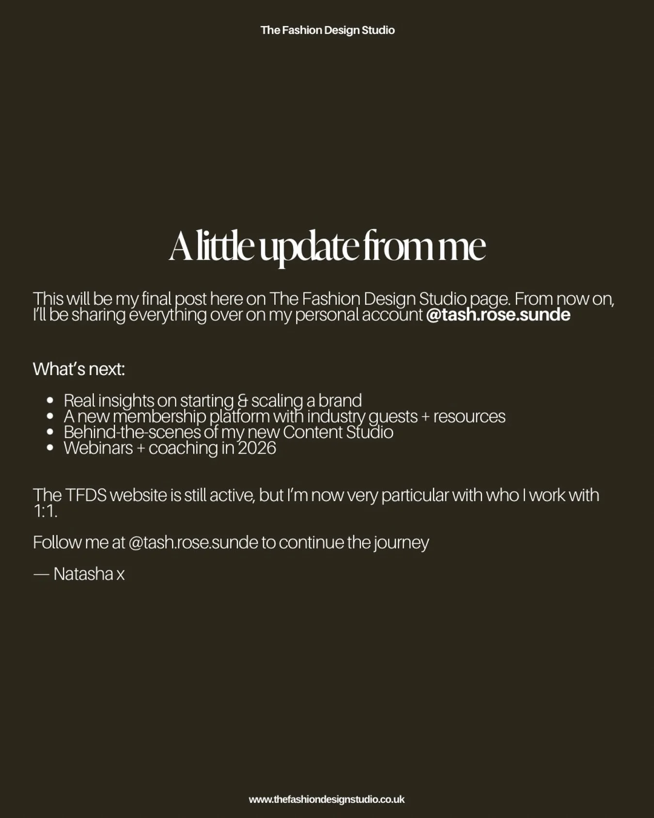 A little update from me 🤍 This will be the last post here on The Fashion Design Studio page ✨ I&rsquo;ve decided to move everything over to @tash.rose.sunde because I want to continue growing my personal brand in this space &ndash; sharing real insi