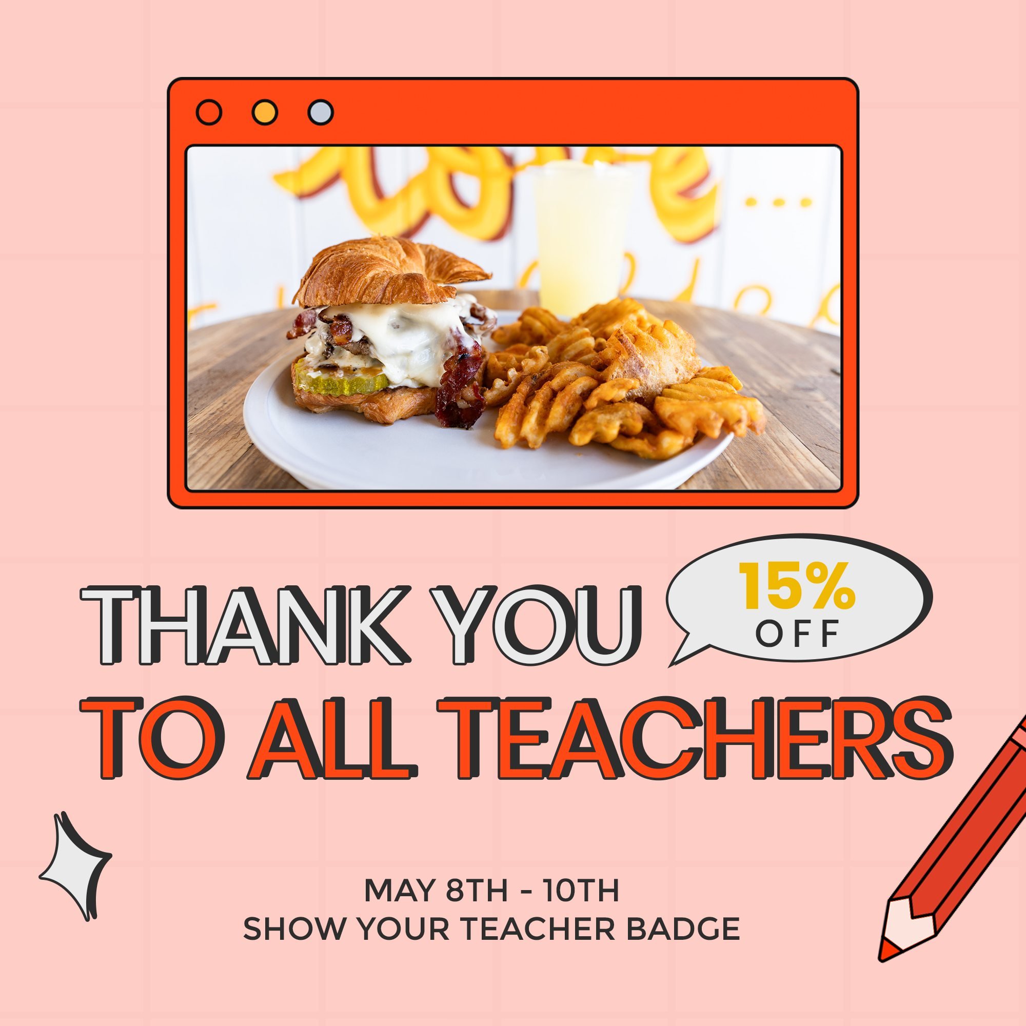 TEACHERS we are offering 15% off your order this week 5/8-5/10 when you show your badge as we share our appreciation for all you do!
Share this with your favorite teacher!!

#waffeestation #visitjoco