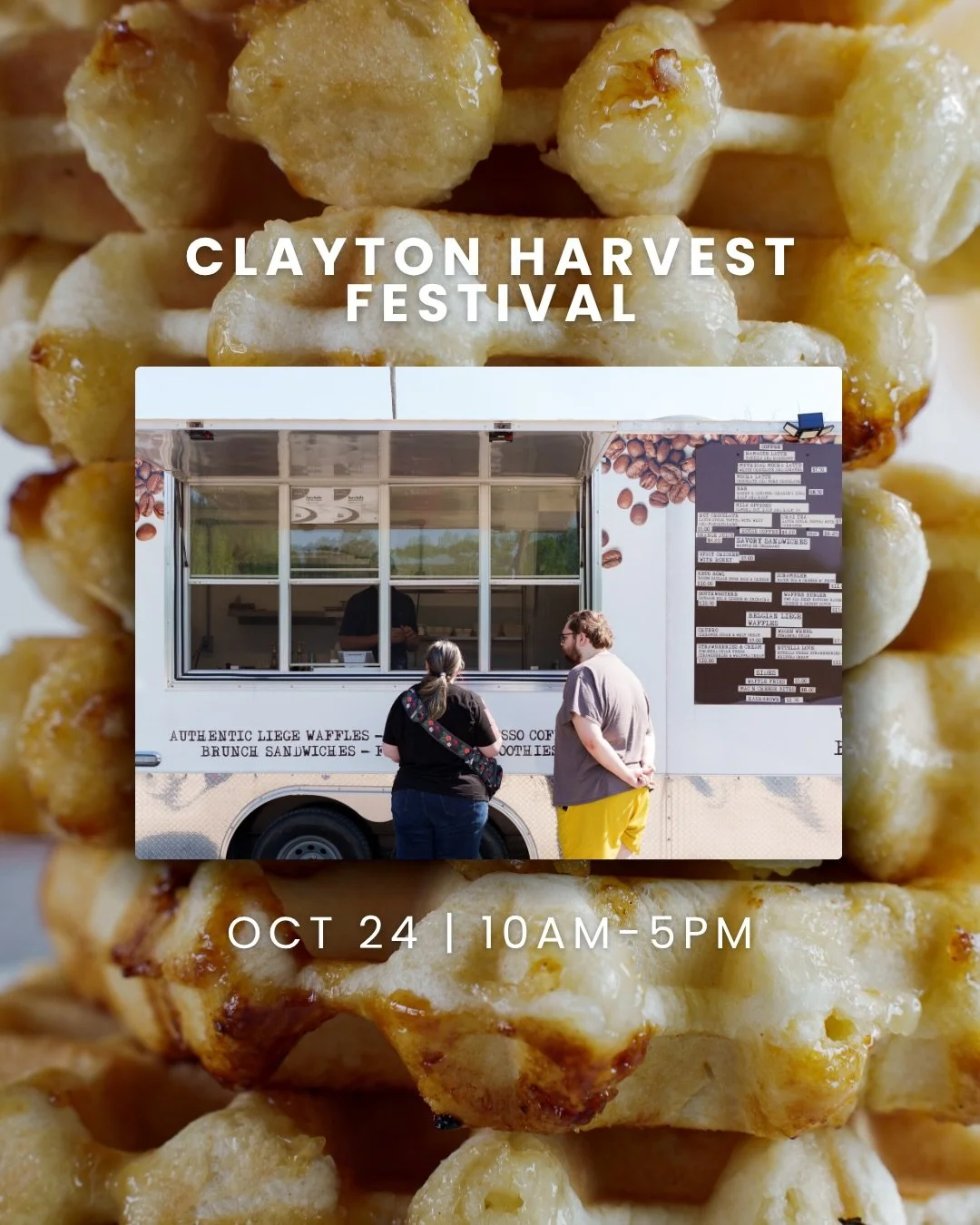 WE IN CLAYTON SATURDAY (10/24) SERVING UP FRESH WAFFLES
Chicken and Waffle Spicy Chicken, Fries, Mac n Cheese Bites, Sweet Waffle and More 
🫡 see ya there