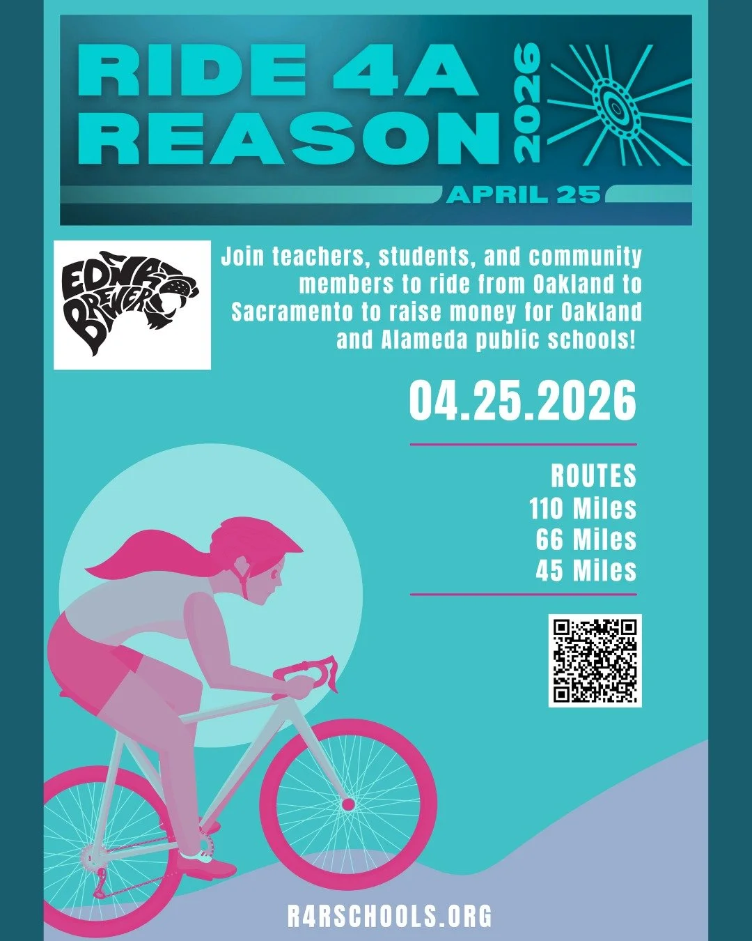 Ride 4 A Reason is back! This fully-supported and very fun ride from Oakland Tech to Sacramento on April 25th raises over $10K each year for Edna Brewer and other Title I schools. How can you help? 
- Register to Ride
- Volunteer at the "Brewer&