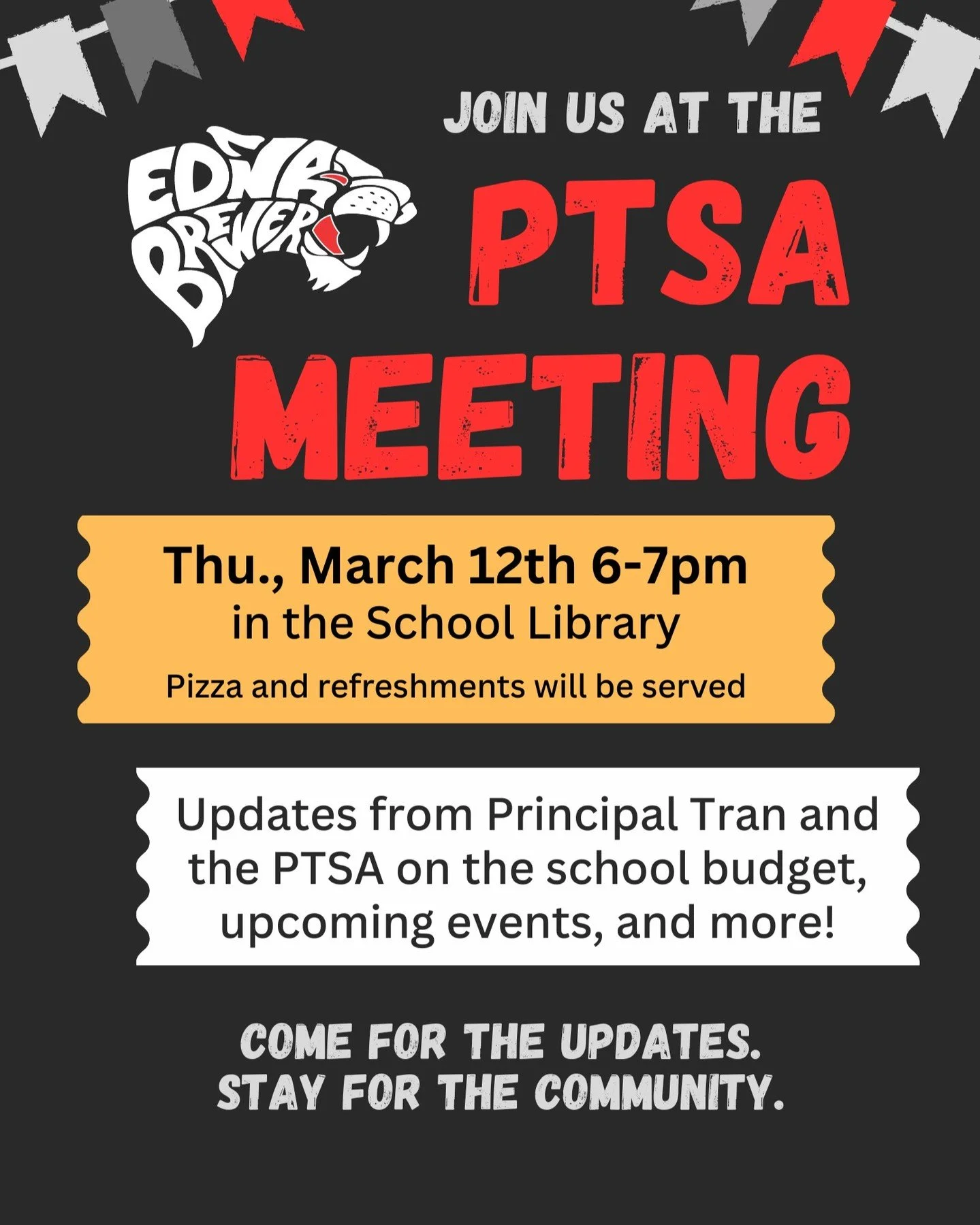 Come out for the next Edna Brewer PTSA General Meeting on Thursday, March 12th, 6-7pm in the library. Hear updates from Principal Tran and the PTSA, followed by an opportunity to connect with other Brewer families.