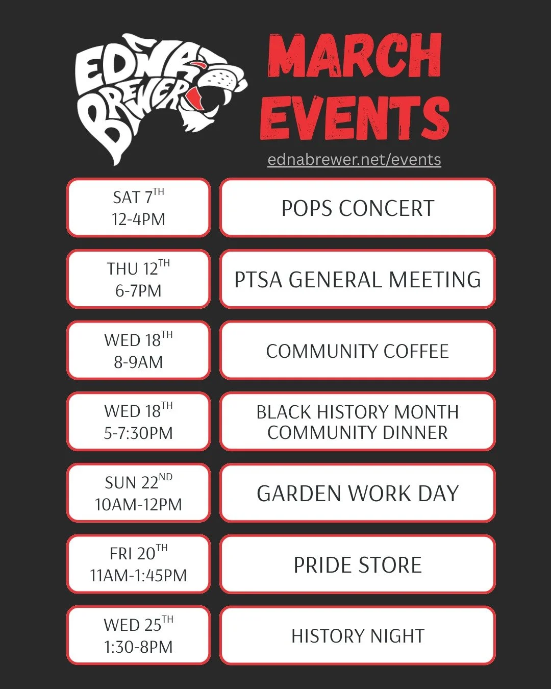 Catch all the exciting community events happening at Brewer this month. SPRING INTO ACTION and attend or volunteer at one of the upcoming school events!

ednabrewer.net/events