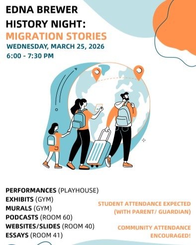 The EBMS History Department invites you to join us for our annual History Night - next Wednesday 03/25 from 6:00PM to 7:30PM!!! Our students have been conducting research and using their creativity to produce awesome projects. Everyone is invited to 