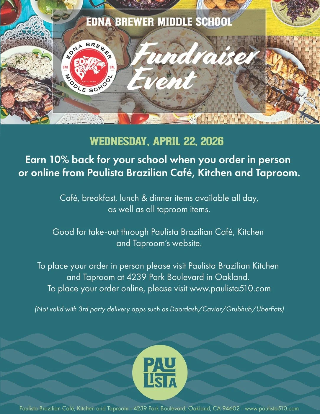 Come out for our Brewer Community Social on Wed. April 22, 4-6pm at Paulista. Mix and mingle with current and incoming Brewer families and connect with Principal Tran and 6th Grade Assistant Principal Ms. McLaughlin. Earn 10% back for Edna Brewer all