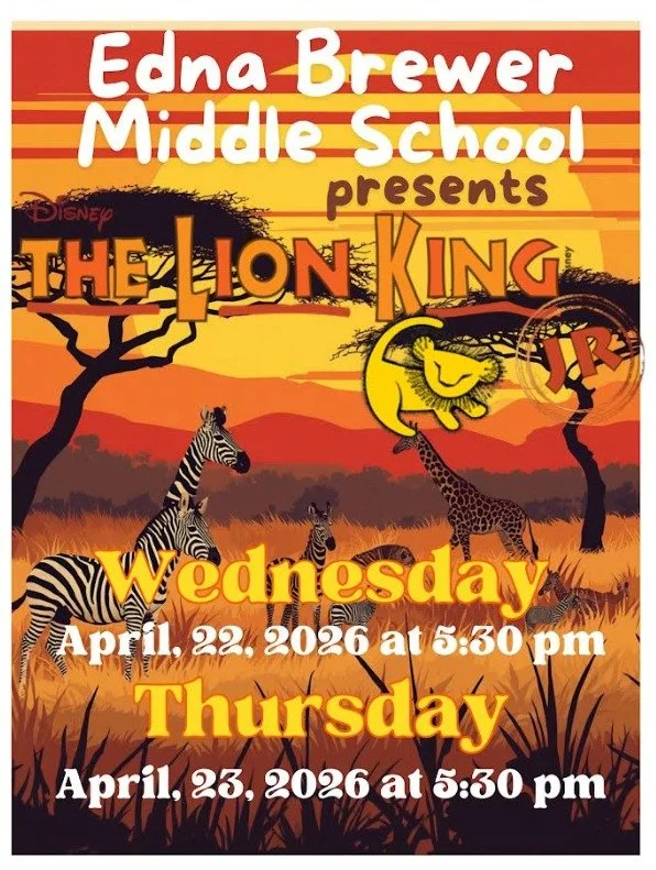 Answer the call of the wild and come see The Lion King this week! Attend one of the performances at Edna Brewer Middle School on Wednesday 4/22 or Thursday 4/23 at 5:30pm. 🦁👑🎶

** Students must have an adult chaperone for attendance. **