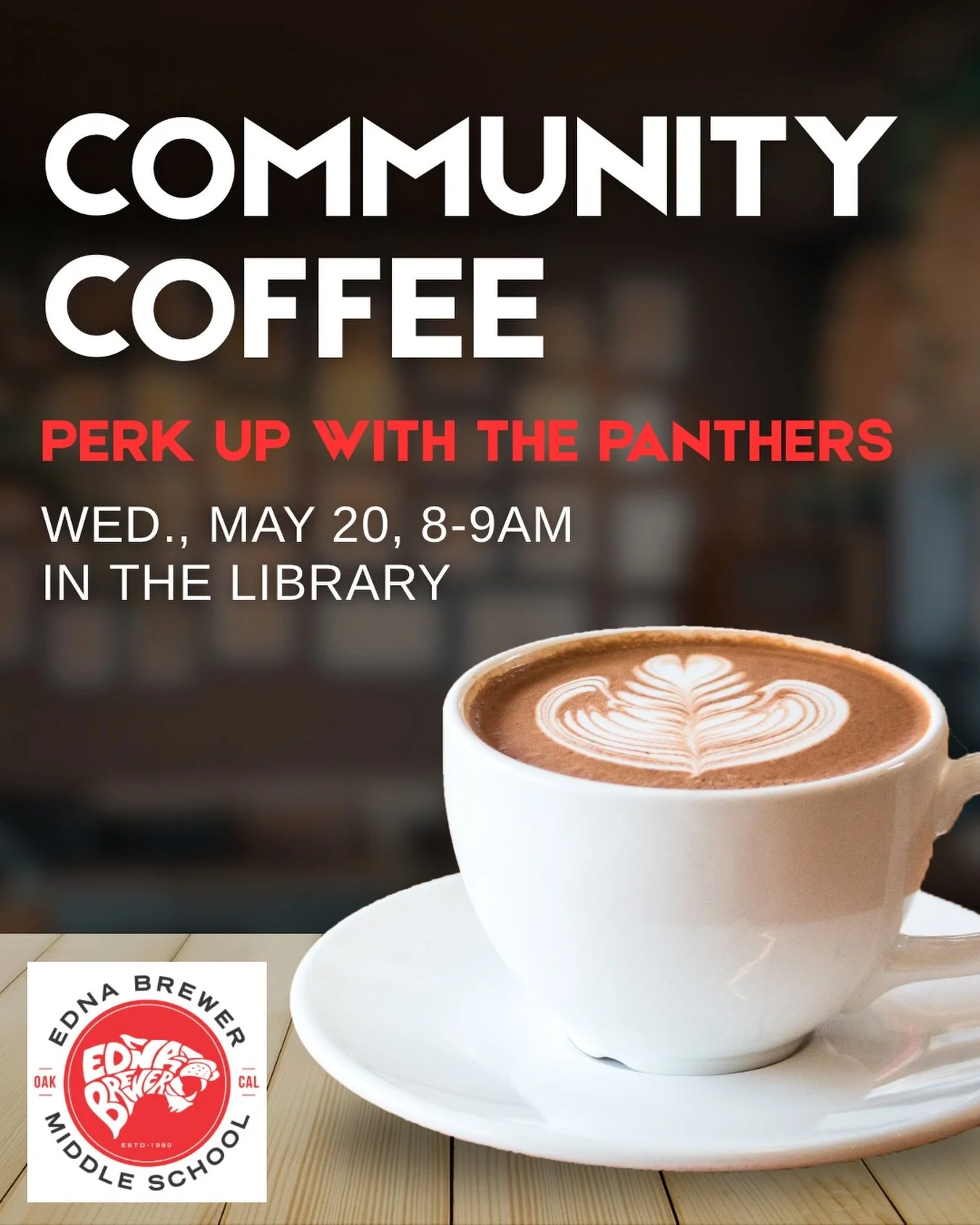 Join us for the last Community Coffee of the school year. Come by for a cup of coffee or tea in the Library and connect with Brewer families on Wednesday 8-9am, 5/20. ☕️🐾

#ednabrewer
#communitycoffee