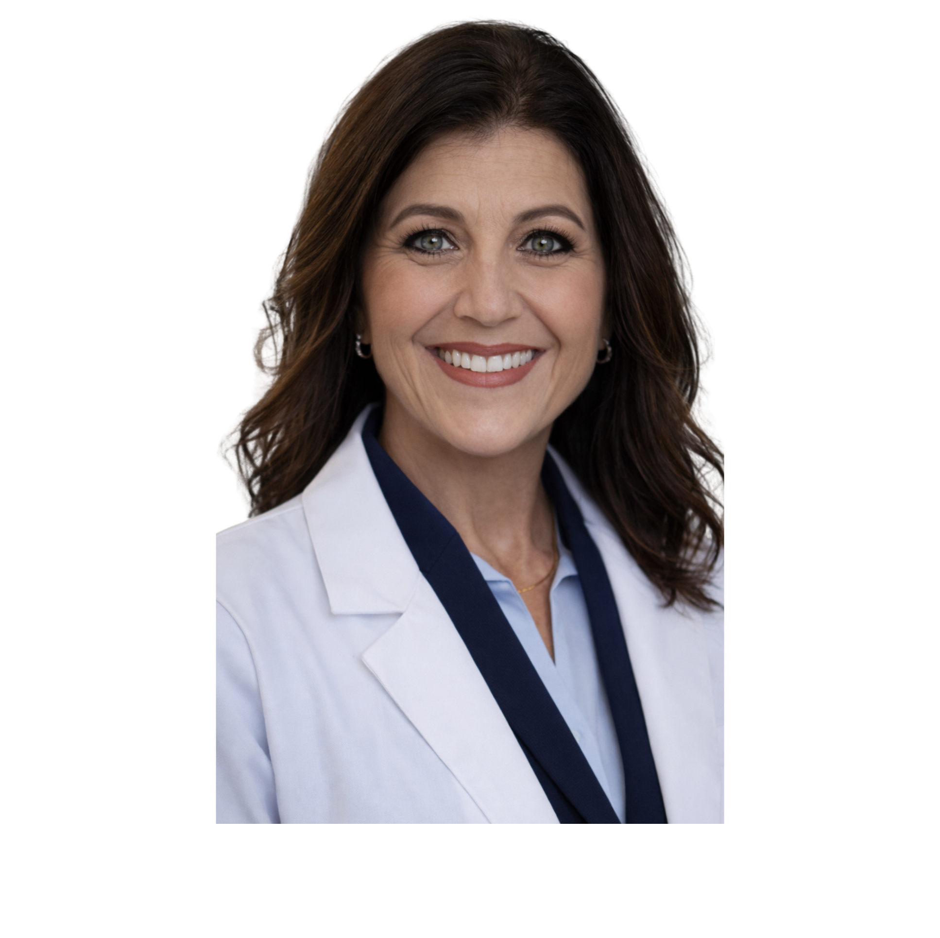 Professional woman smiling, wearing a white blazer and blue blouse, with dark brown hair styled in loose waves.