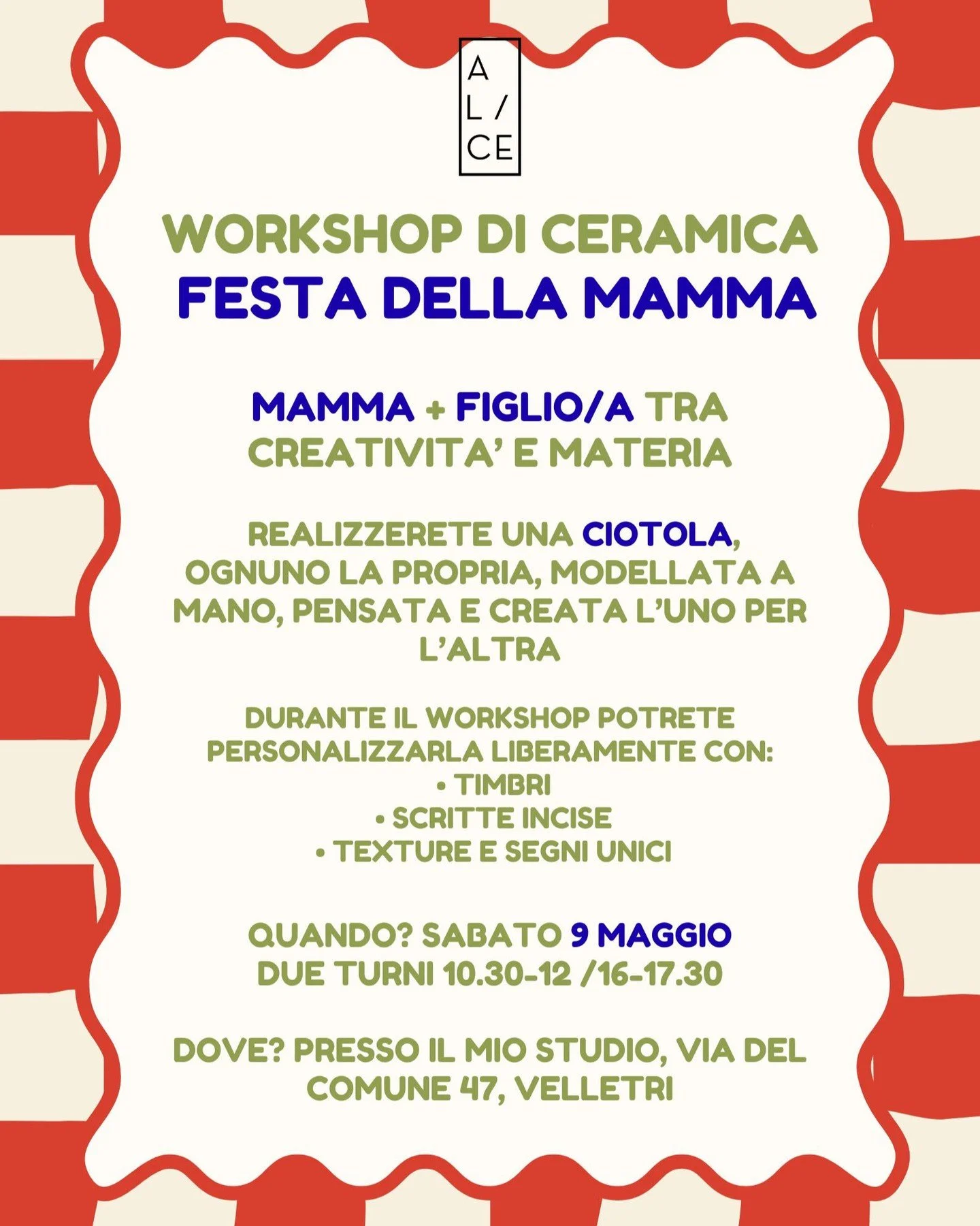 🌸 Workshop Festa della Mamma 🌸

Un momento speciale da condividere insieme 💛
Mamma + figlio/a, tra creativit&agrave;, materia e ricordi da conservare

Durante il workshop realizzerete una ciotola in ceramica, modellata a mano,
pensata e creata l&r