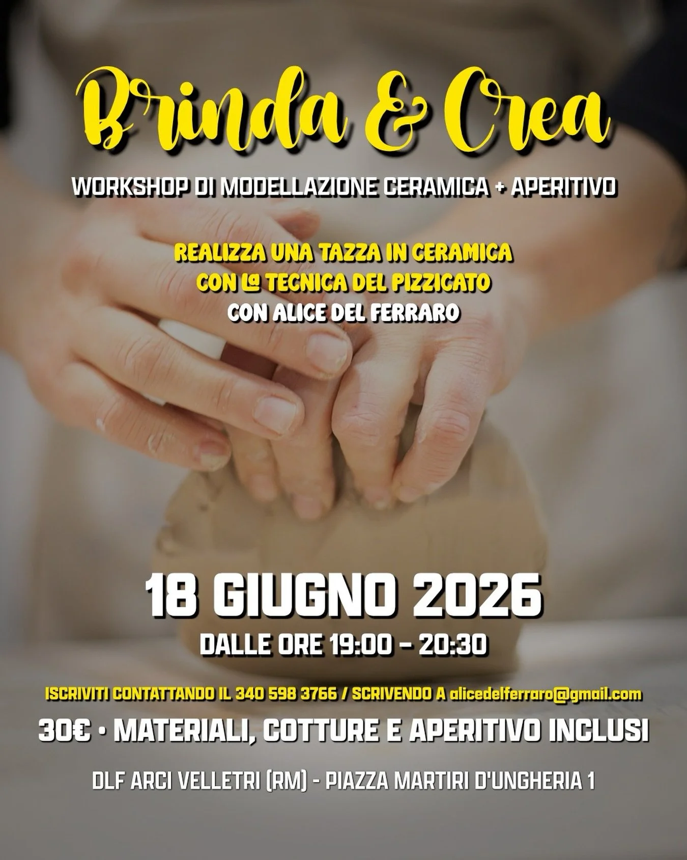 ✨ BRINDA &amp; CREA ✨

Gioved&igrave; 18 giugno alle ore 19 vi aspetto al @dlf.dopolavoroferroviario di Velletri per un workshop di ceramica accompagnato da un aperitivo.

Realizzeremo insieme una tazza in ceramica con la tecnica del pizzicato, in un