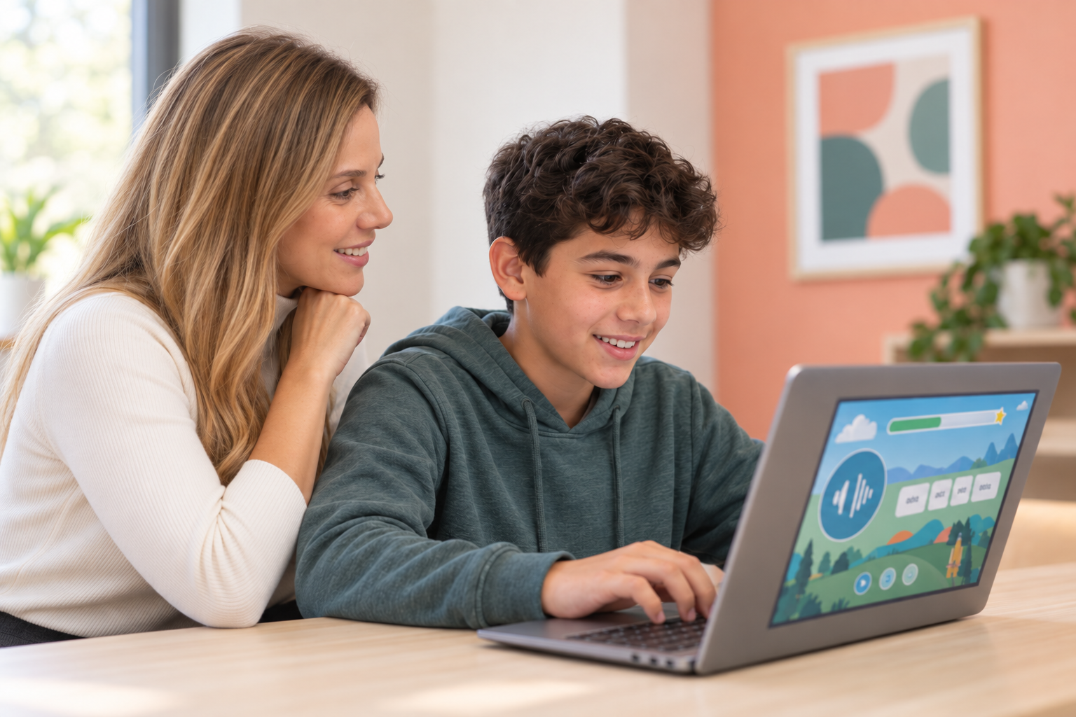 A speech therapist with a student working on a computer-based program