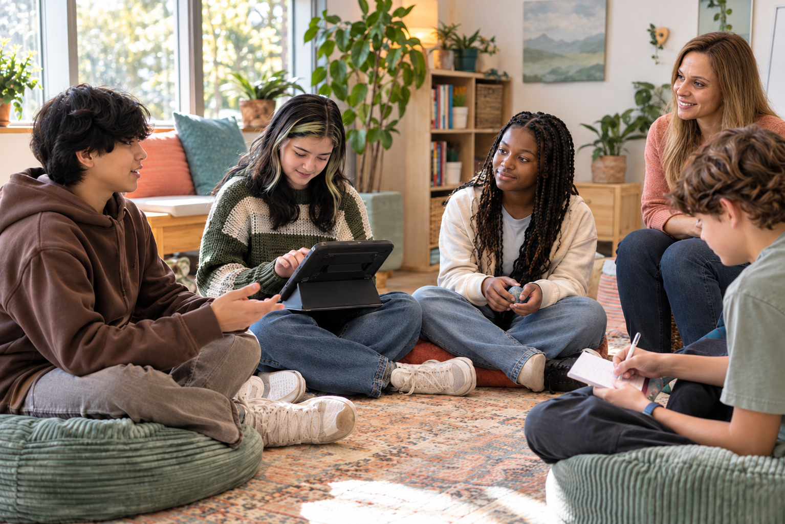 A group of young individuals seated on the floor, each using a laptop, engaged in collaborative work or study.