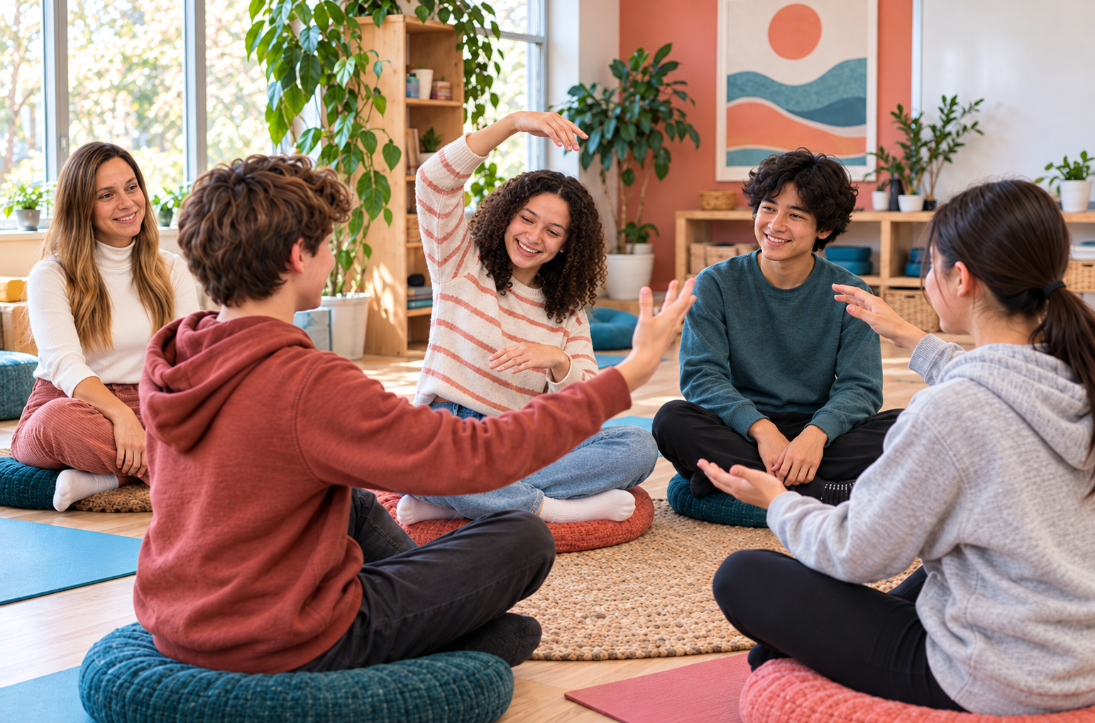 A diverse group of young people sitting in a circle on the floor, engaged in conversation and sharing ideas.