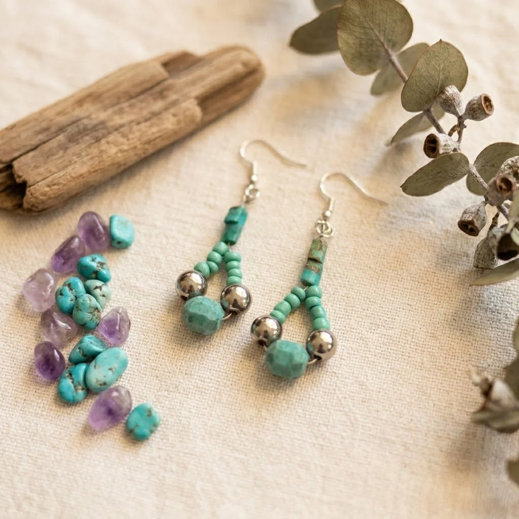Handmade Turquoise earrings with silver plated bobbles.