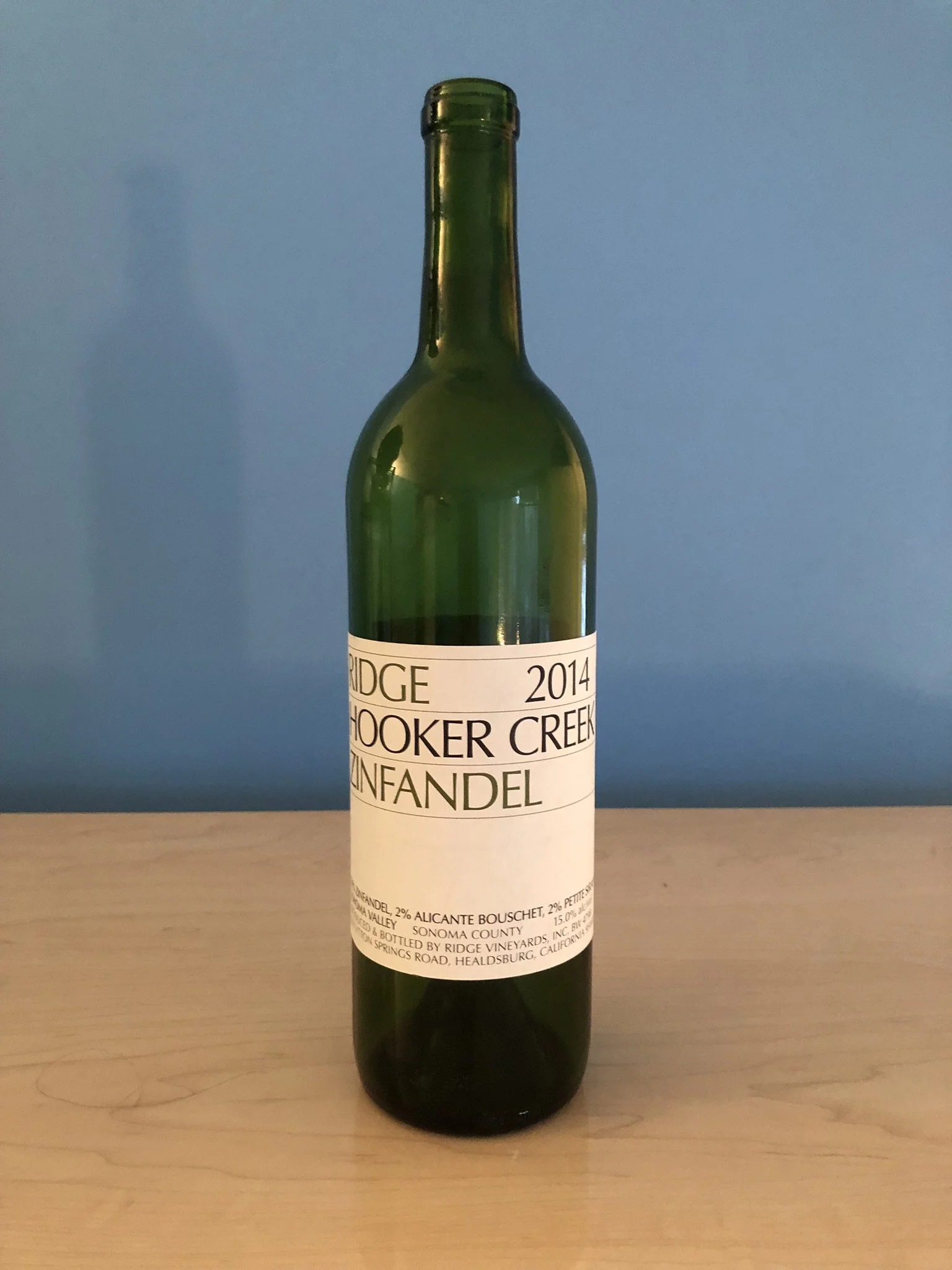 One bottle of Ridge Hooker Creek zinfandel wine.