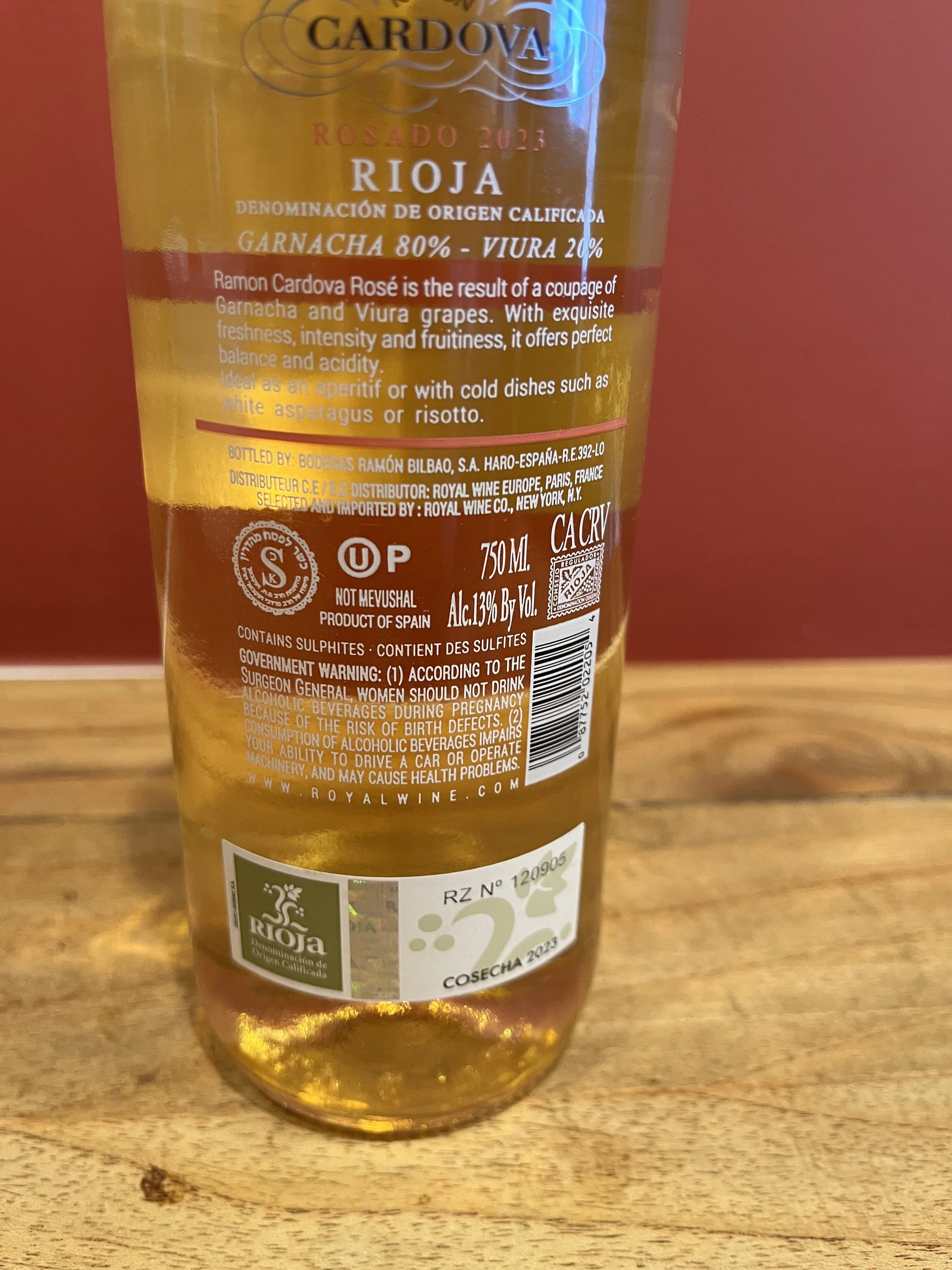 back of Cardova rosé wine bottle