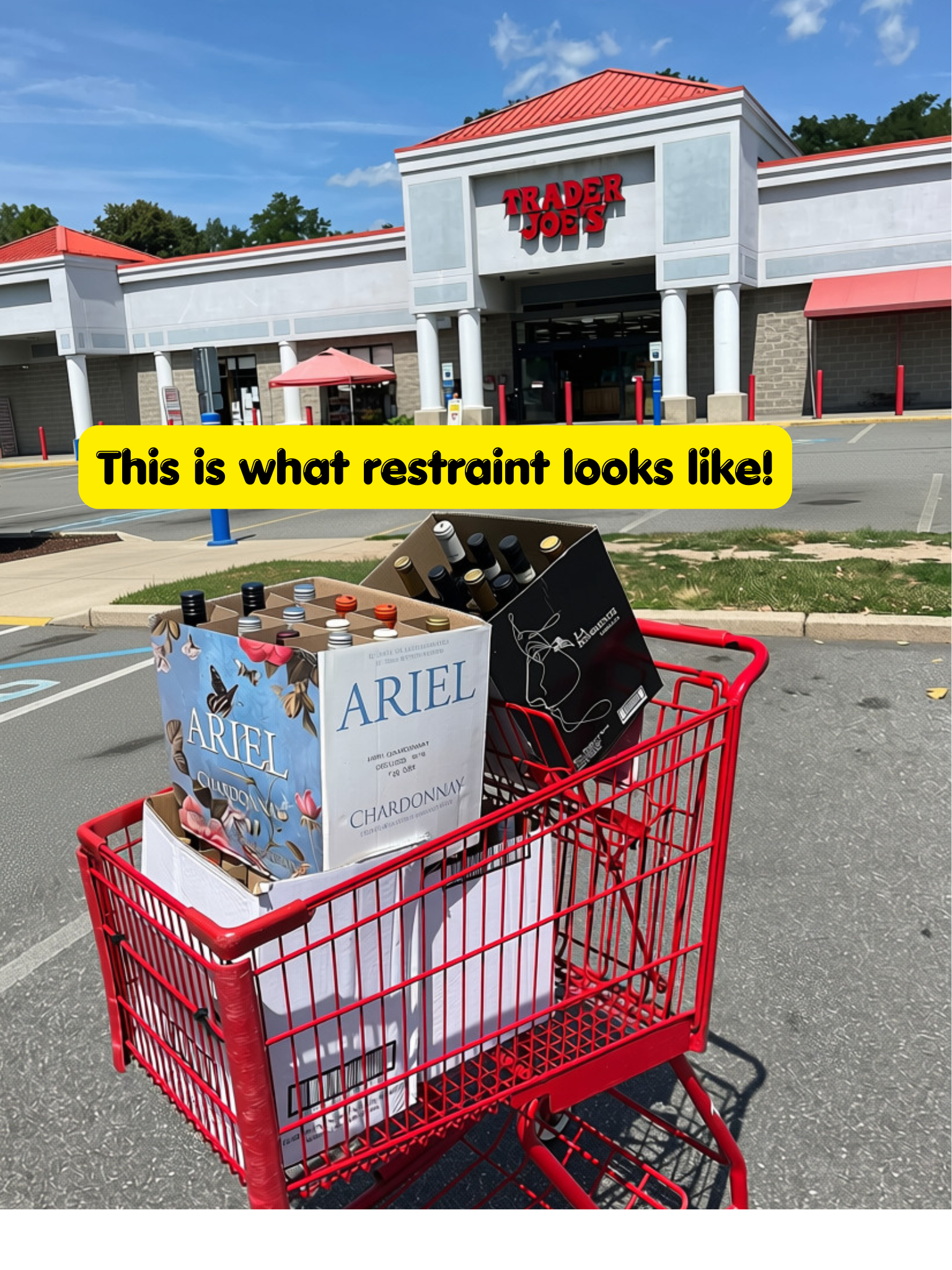 Trader Joe's wines piled in cases in a shopping cart