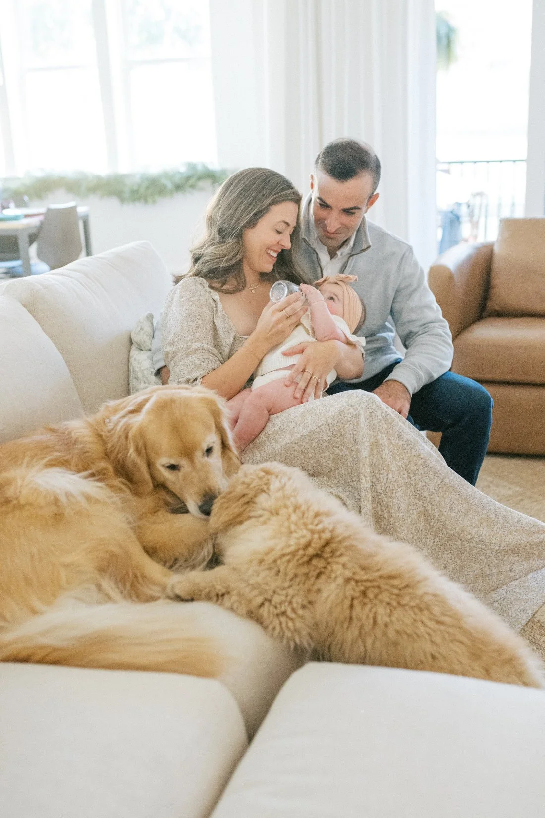 Mother feeding baby on couch while two golden retrievers cuddle nearby during relaxed in-home session