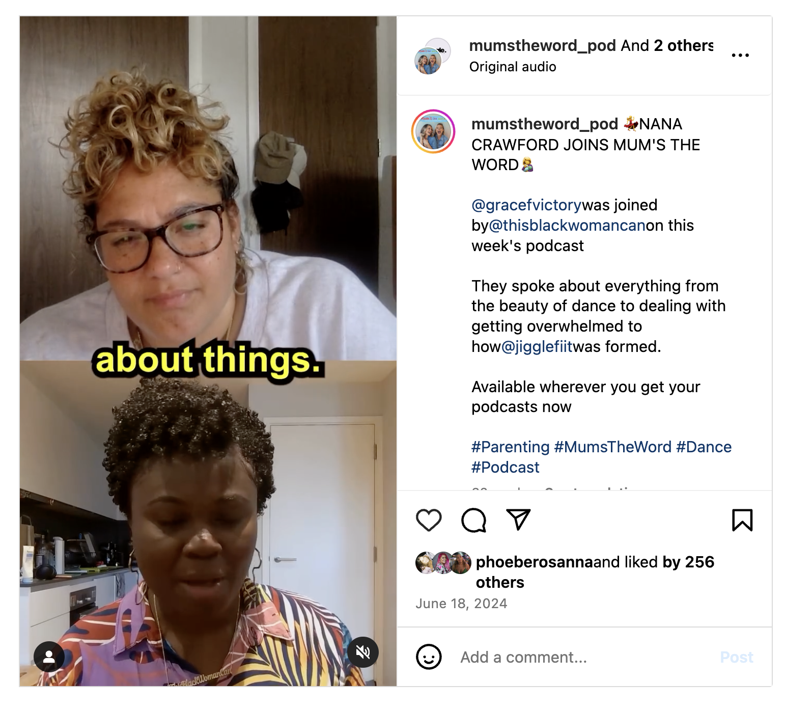 A split-screen image showing two women engaged in a virtual discussion. The woman at the top has short, curly blonde hair, glasses, and a white top, while the woman below has short, curly dark hair, wearing a colorful striped top. The text overlay says "about things" in yellow letters with black outlines. The background of the top woman features a wooden door and a beige wall, while the bottom woman is in a room with kitchen cabinets and a white door.