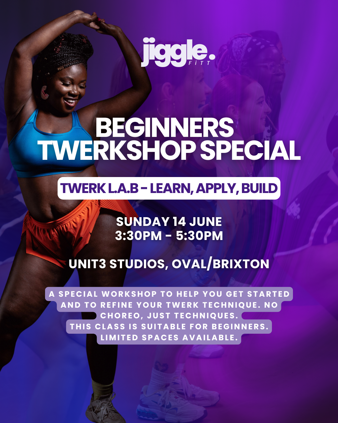 Text overlay promoting Jiggle Fitt beginners twerk course with details on dates, time, location, and included features, with a background of women participating in a fitness class.