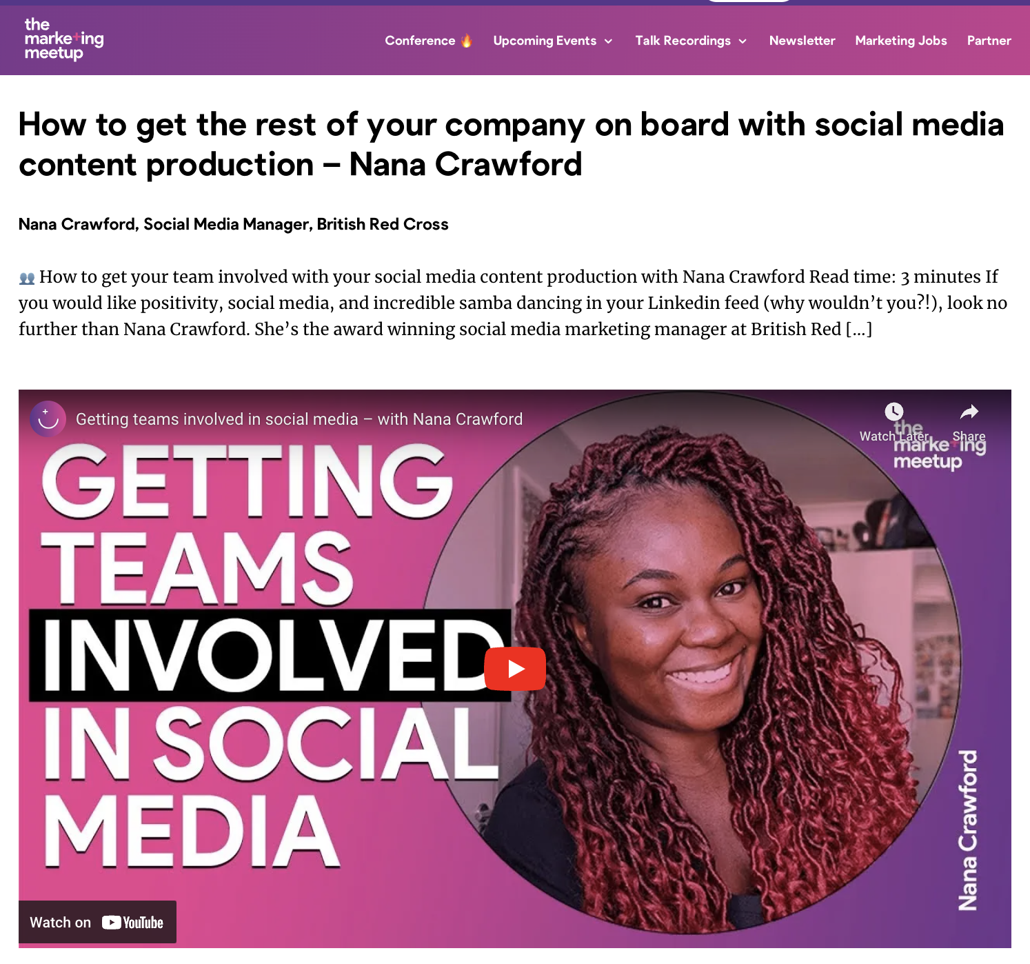 Thumbnail of a video titled "Getting teams involved in social media" featuring Nana Crawford, a woman with long, curly red hair, smiling. The background is pink and purple with bold white and black text