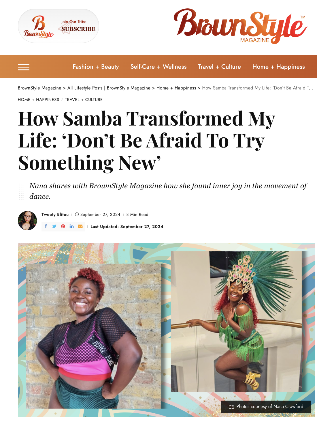 A magazine article featuring two women, one in casual attire with short curly red hair, and another in a vibrant green carnival costume with a headdress, showcasing personal transformation through dance.
