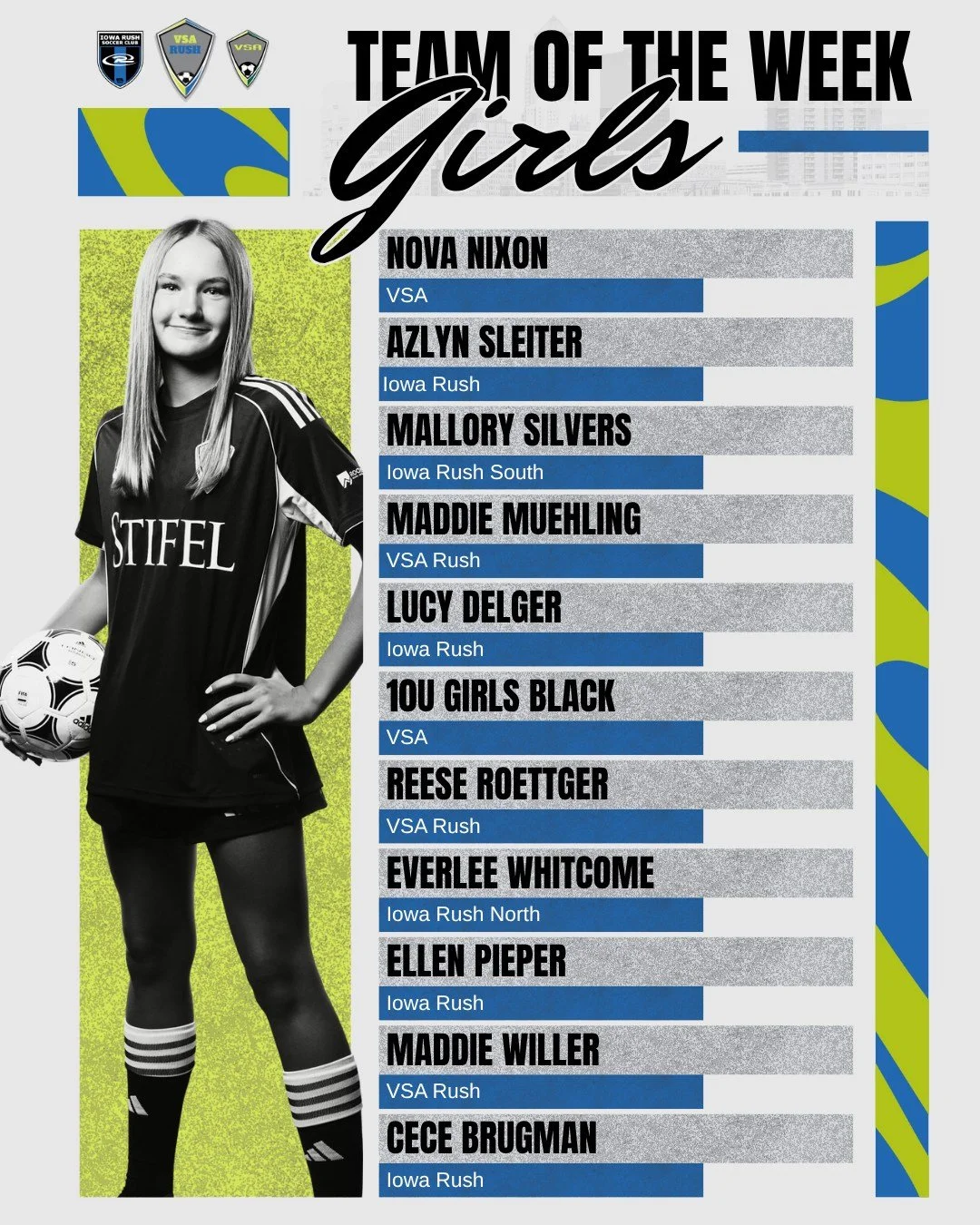 Congratulations to this weeks girls Team of the Week! 
#VSARush #VSA #IowaRush