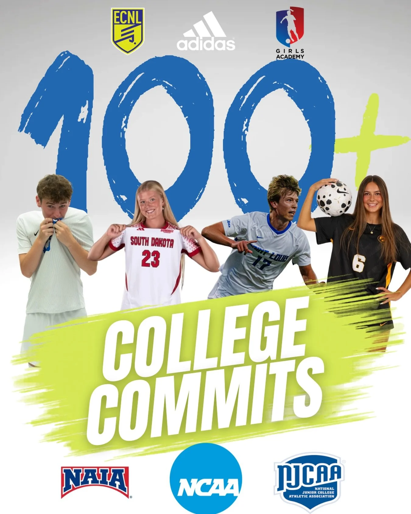 100+ college commits and counting 👏

We've placed players at every level &mdash; NCAA DI, DII, DIII, NAIA, and JUCO &mdash; across both our Boys ECNL and Girls Academy programs since 2022*.

Over 100 players have advanced from our program to the col