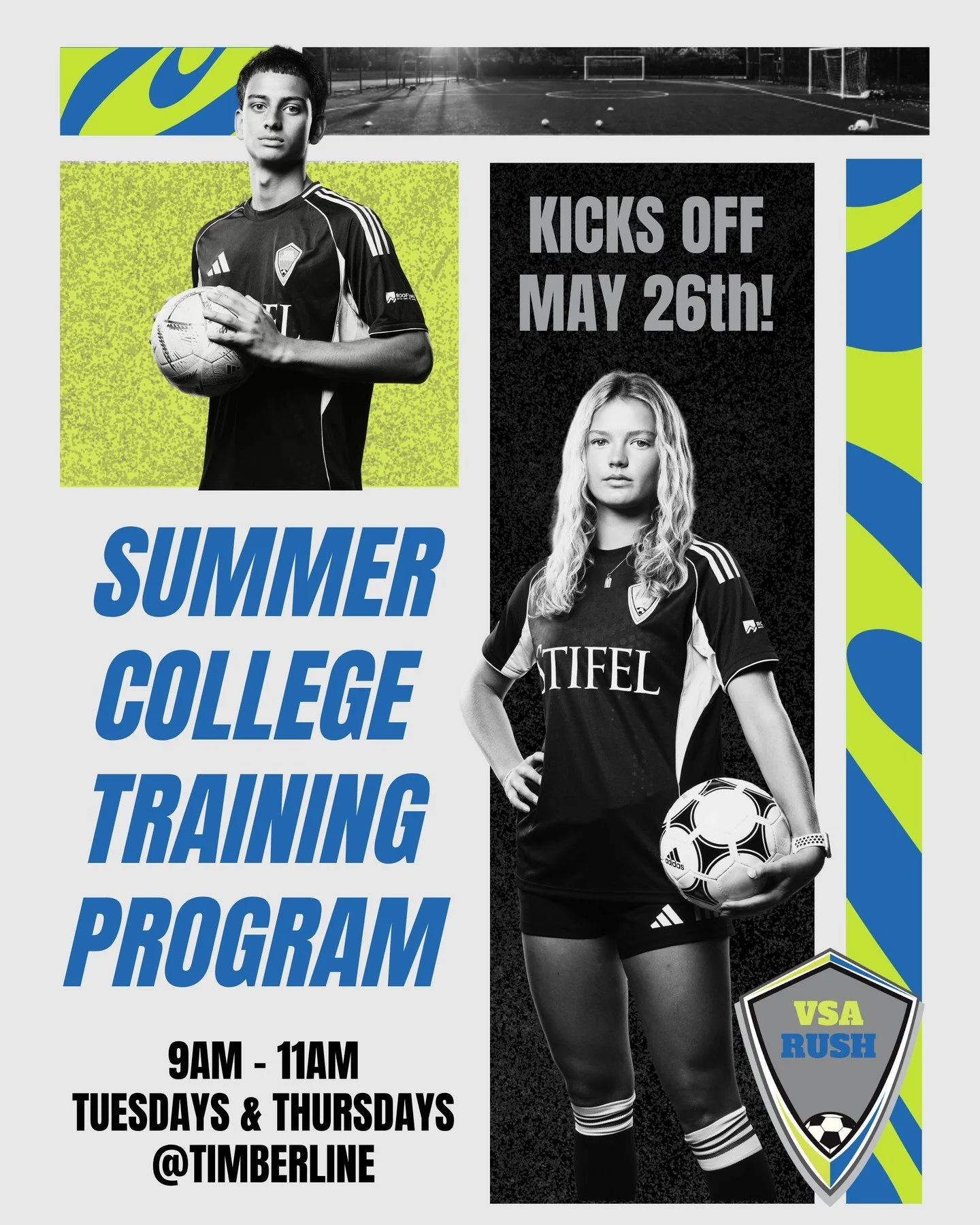 Introducing a NEW Summer College Training Program!

WHO: For graduating seniors &amp; college athletes
DATES: May 26 - July 30, Tuesdays &amp; Thursdays
TIME: 9 AM - 11 AM
WHERE: Timberline Soccer Complex, Waukee
COST: $100

Sessions will be led by c