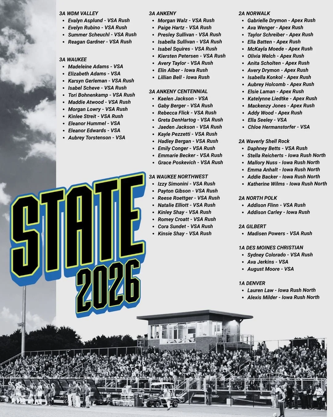 Congratulations to the 70+ girls from VSA Rush, Iowa Rush, Iowa Rush North, and Apex Rush on making it to state this week!

#IAHSSOC #VSARush