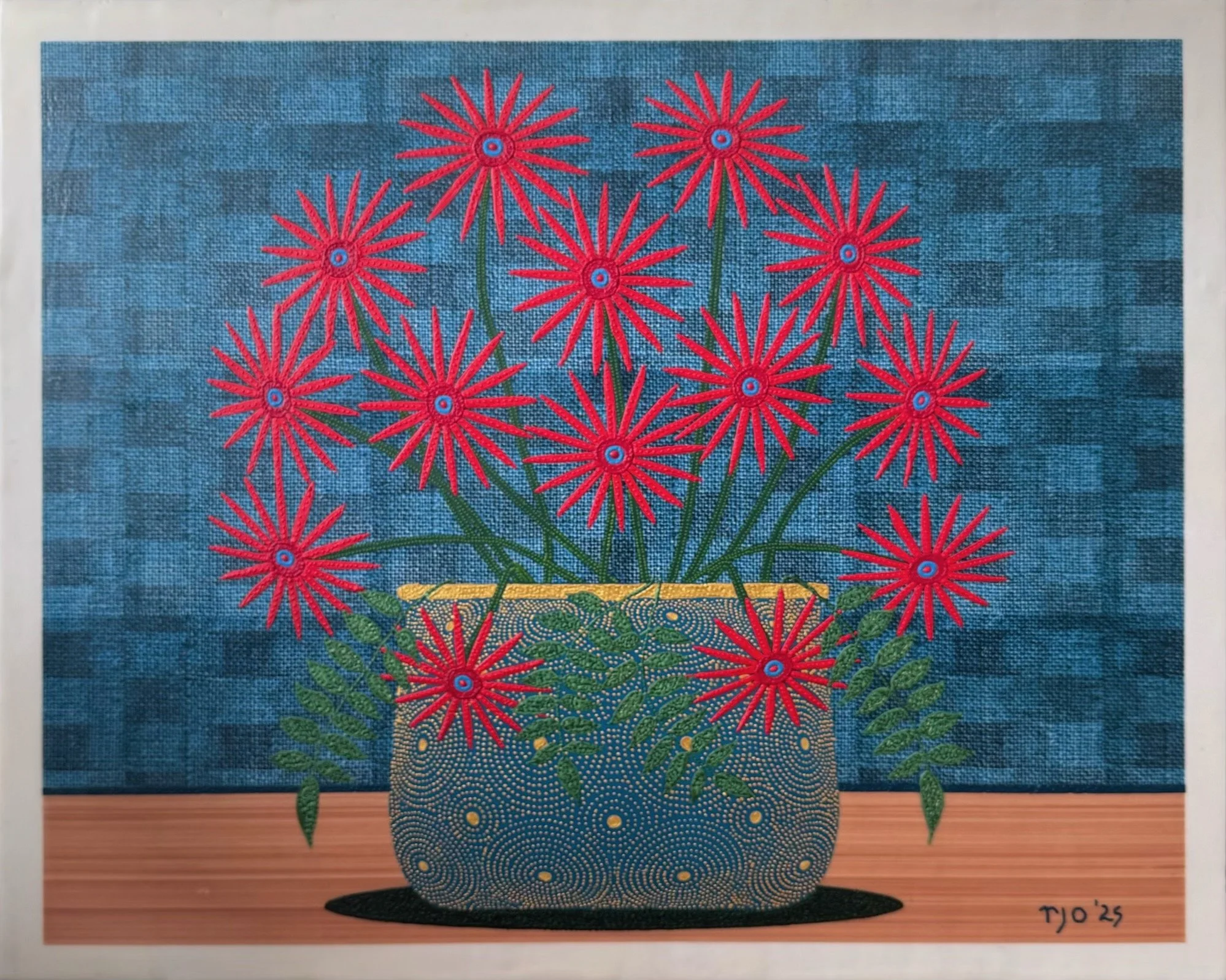 Red Flowers in a Blue and Gold Bowl, 24x30