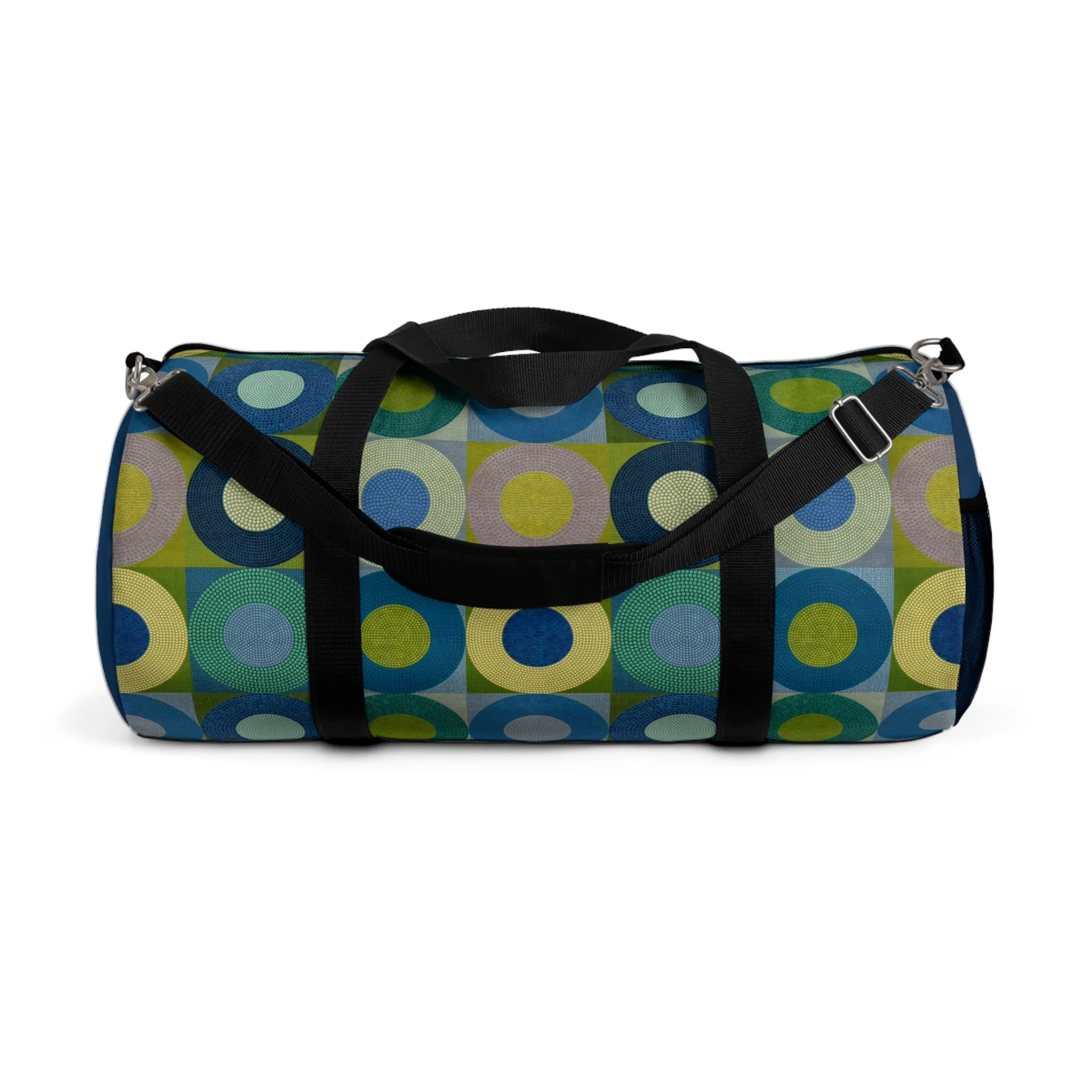 Geometric art duffel bag featuring a colorful abstract design adapted from an original encaustic painting by Ross Ozer of rjostudio.