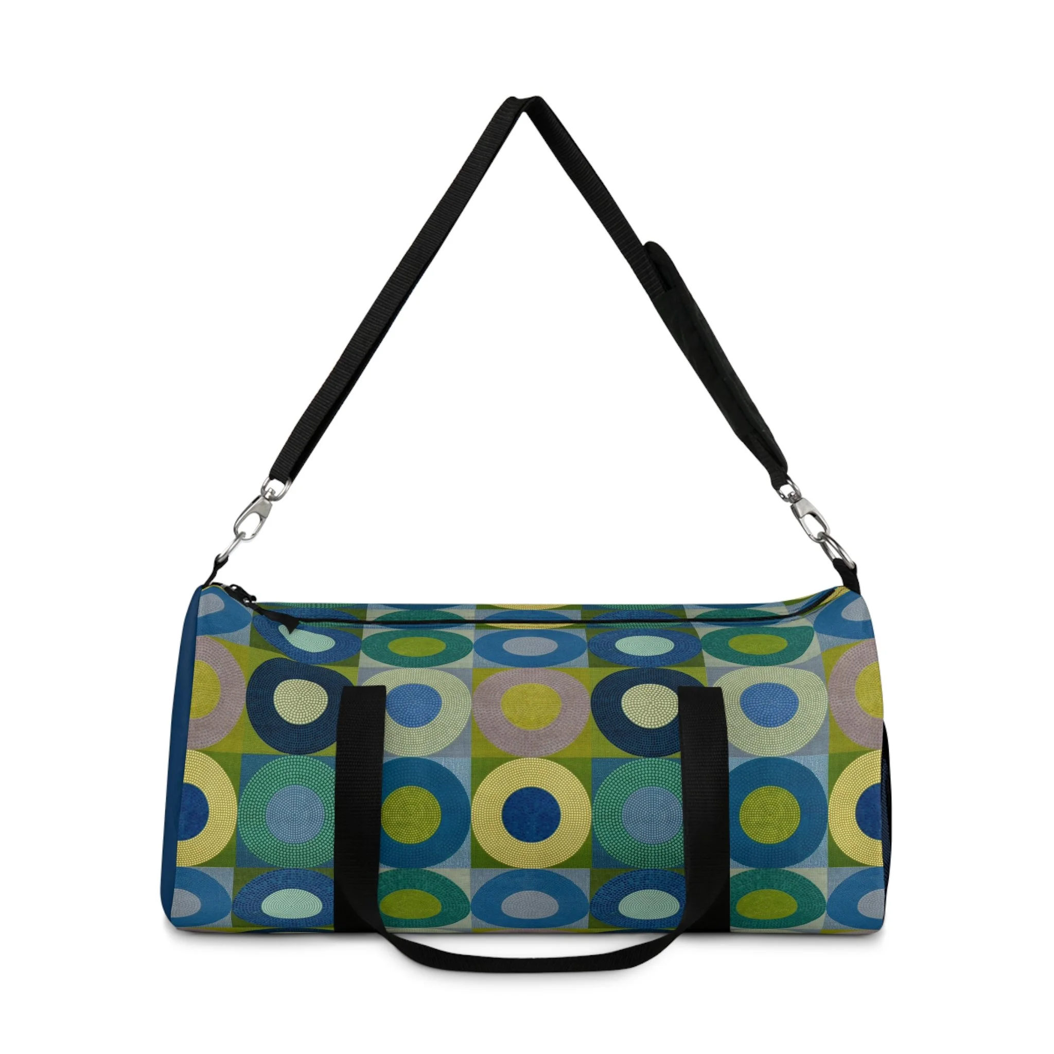 Geometric art duffel bag featuring a colorful abstract design adapted from an original encaustic painting by Ross Ozer of rjostudio.