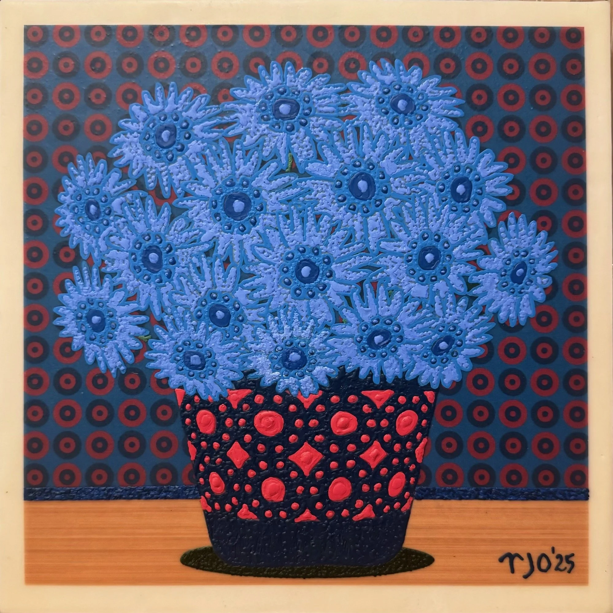 Blue Flowers in a Red Pot, 12x12