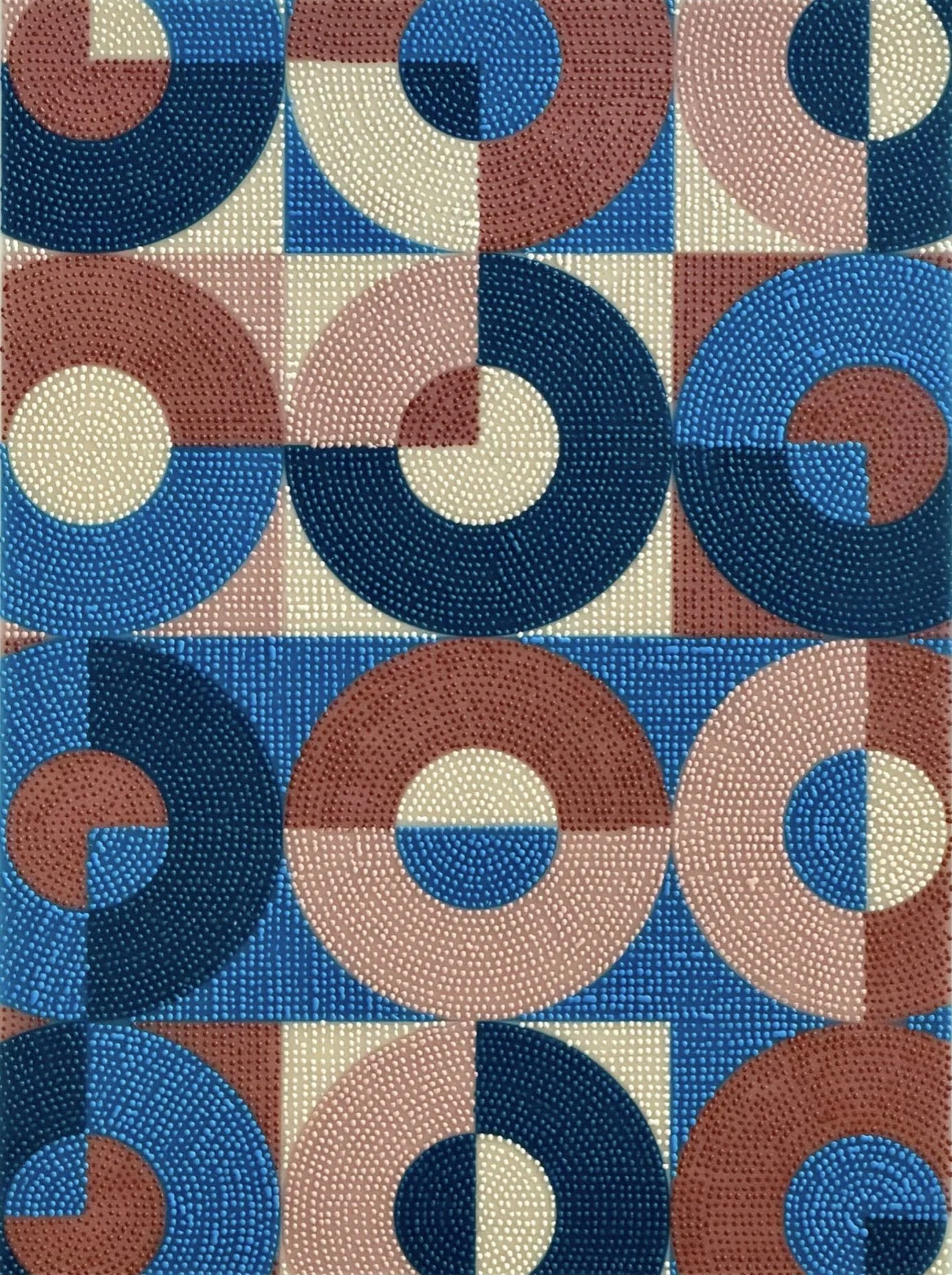 Terra Blue I geometric encaustic artwork with terracotta, peach, cream, cerulean blue and navy circles textured with raised wax dots.