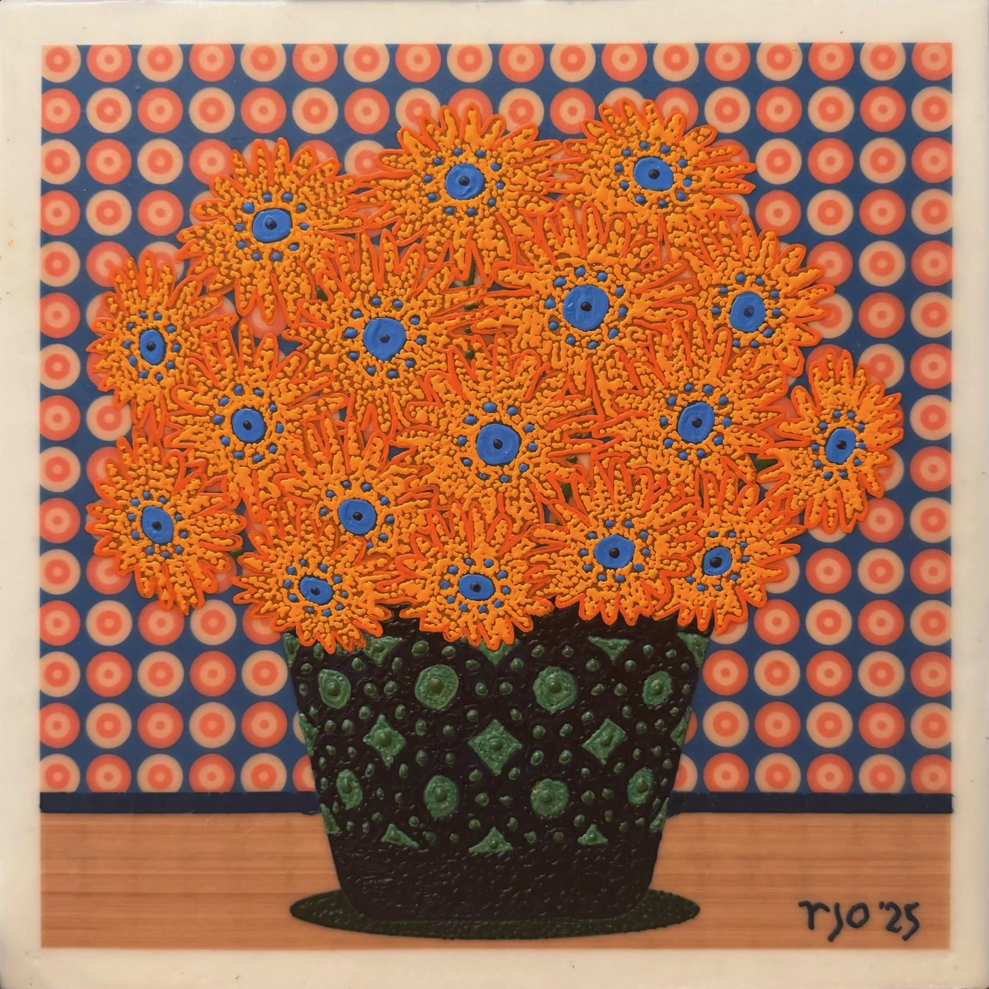 Yellow Flowers in a Green and Gold Pot, 12x12