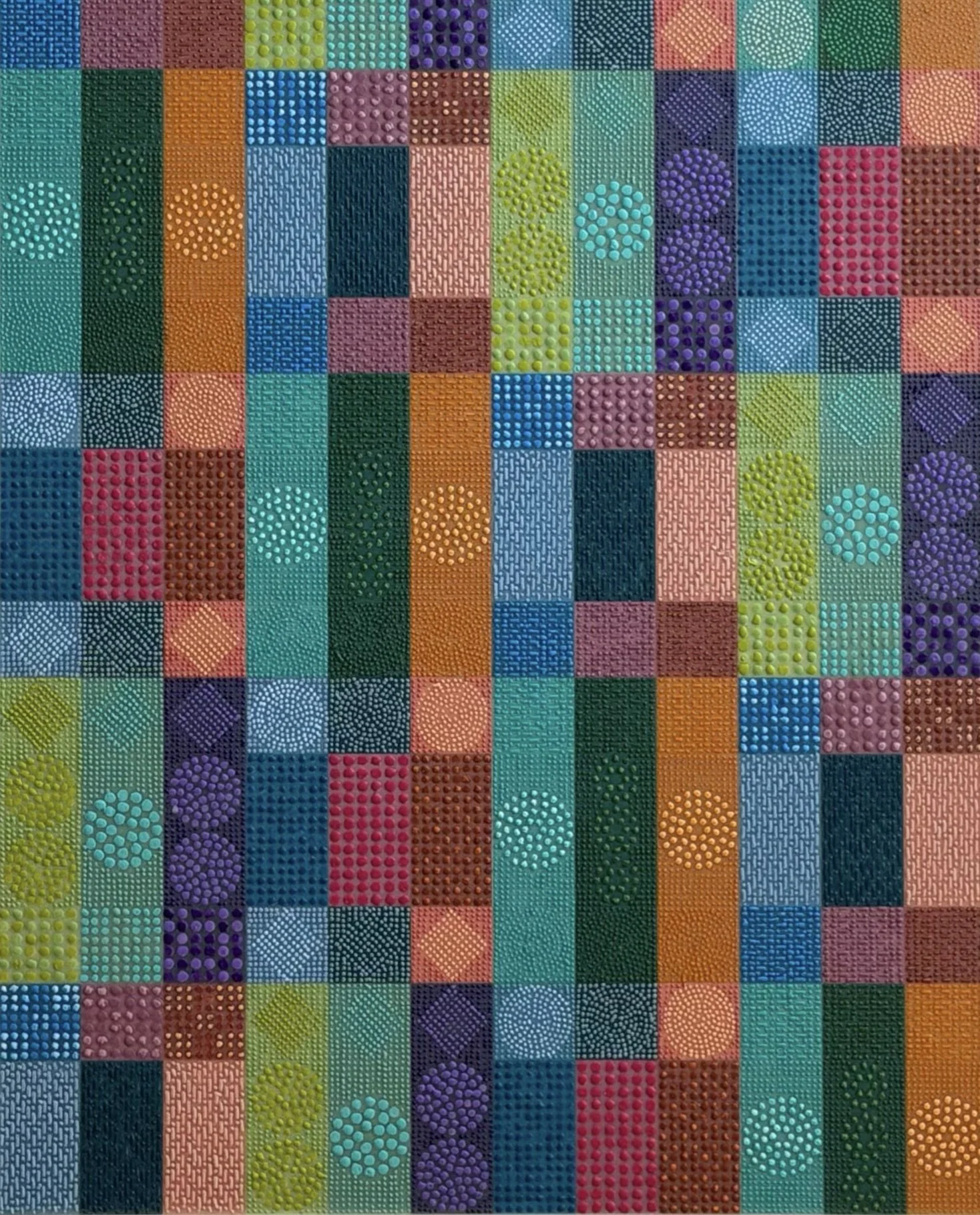 Patterned Threads VI by Ross Ozer, a geometric encaustic painting with multicolored vertical bands, textured wax dots and repeating circles.