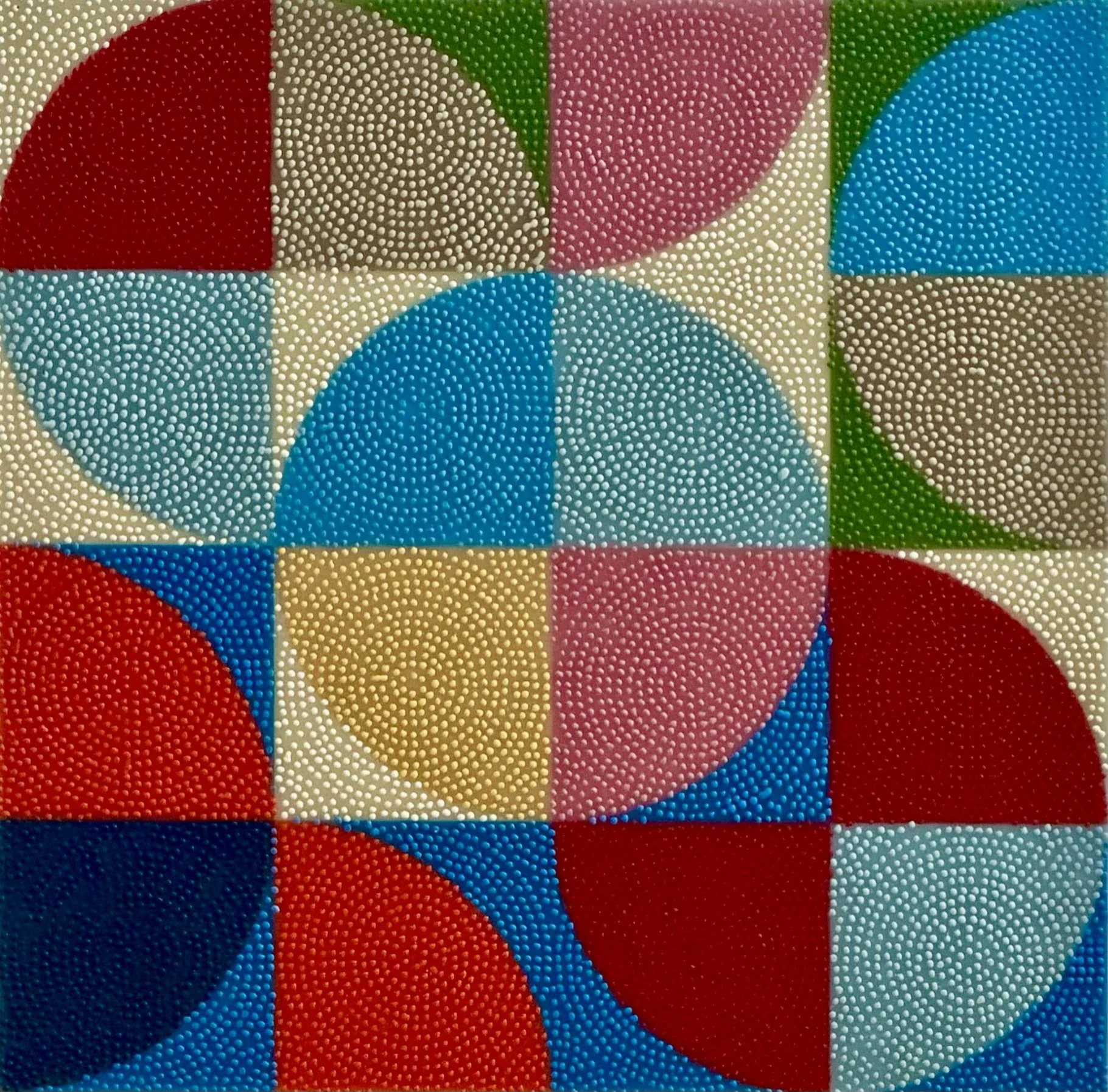 Harbor Lights, original geometric encaustic painting by RJO Studio featuring intersecting circular forms in red, turquoise, green, pink, gold, and cream, with densely hand-stippled wax surfaces.