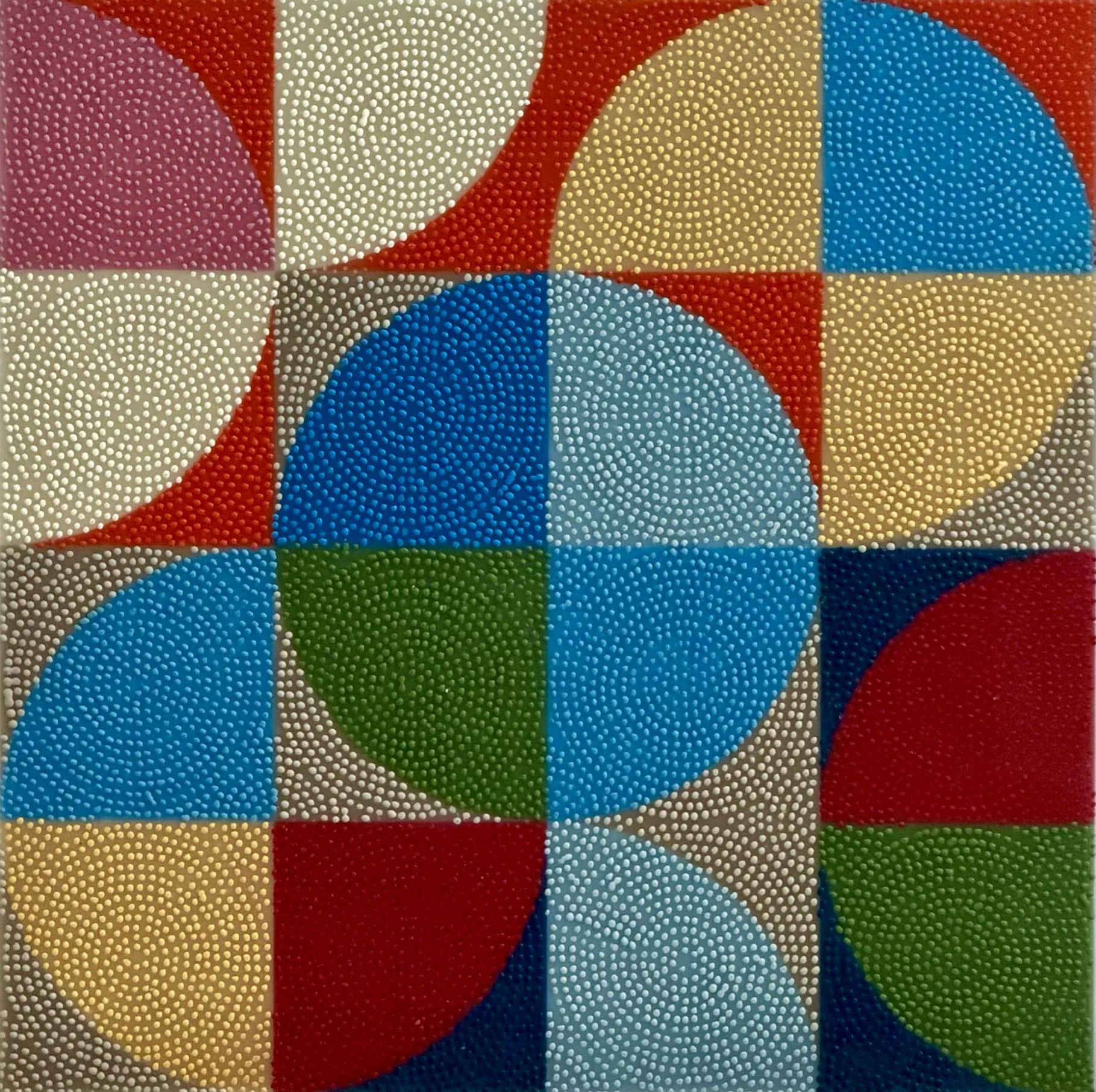 Harbor Lights, original geometric encaustic painting by RJO Studio featuring intersecting circular forms in red, turquoise, green, pink, gold, and cream, with densely hand-stippled wax surfaces.