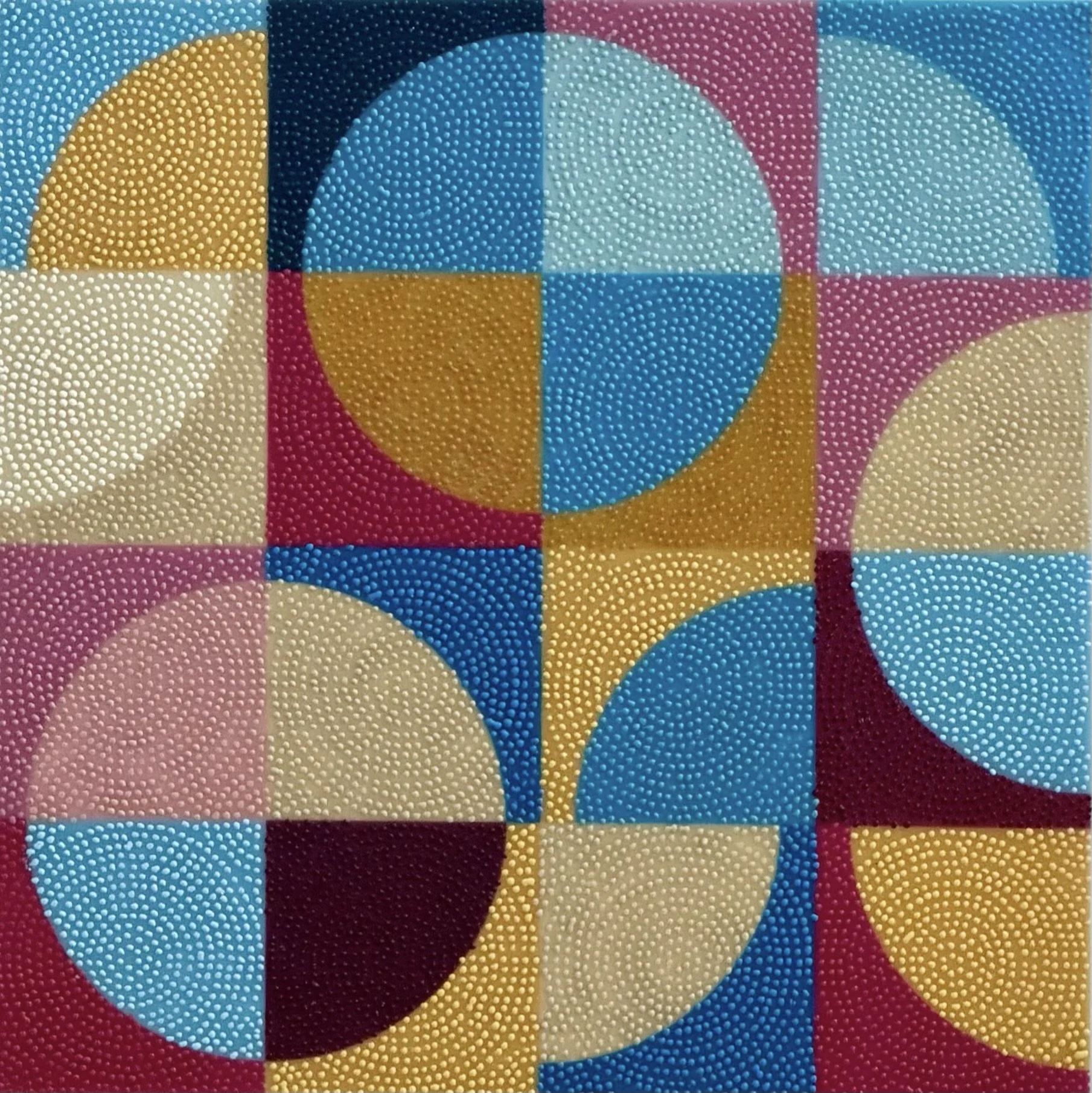 Turning Point, original geometric encaustic painting by RJO Studio featuring overlapping circles and curved blocks in turquoise, blue, gold, pink, and burgundy, with hand-stippled texture.