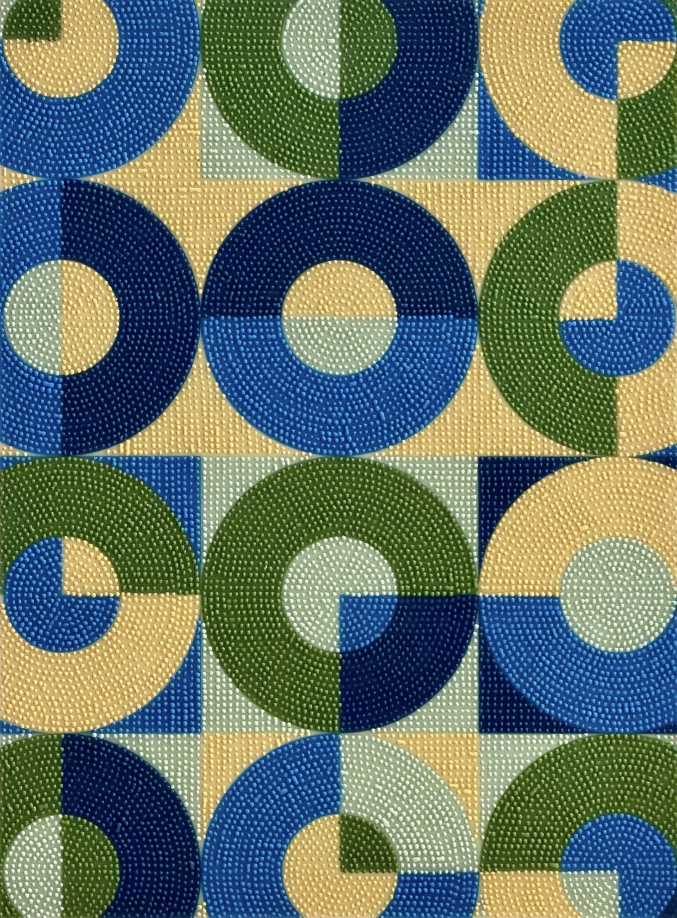 Verdant Rhythm I encaustic painting featuring overlapping circular geometric forms in olive green, cerulean blue, navy, buttery yellow and pale mint, with raised wax dots.