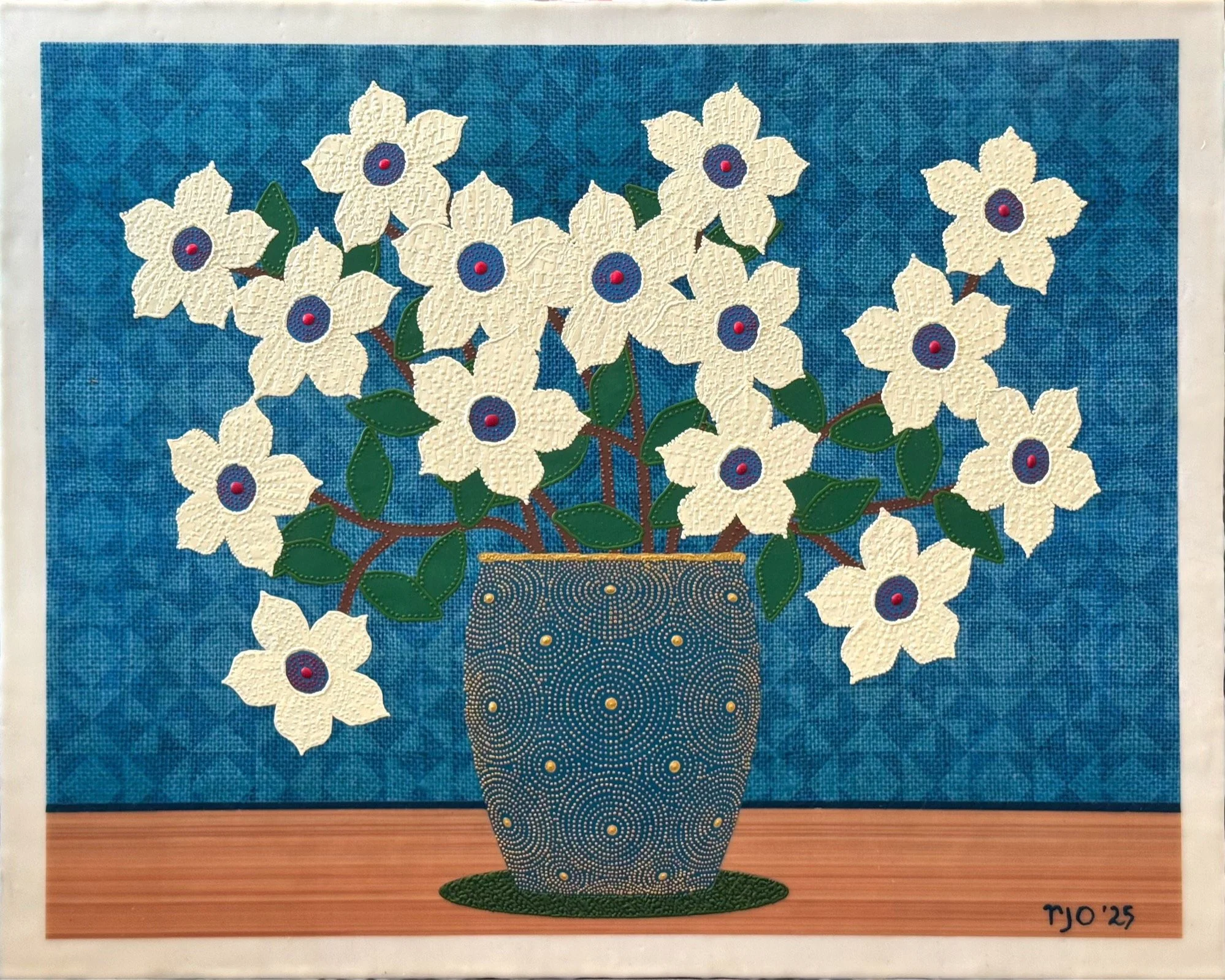 Pale Yellow Magnolias in a Blue and Gold Vase, 24x30