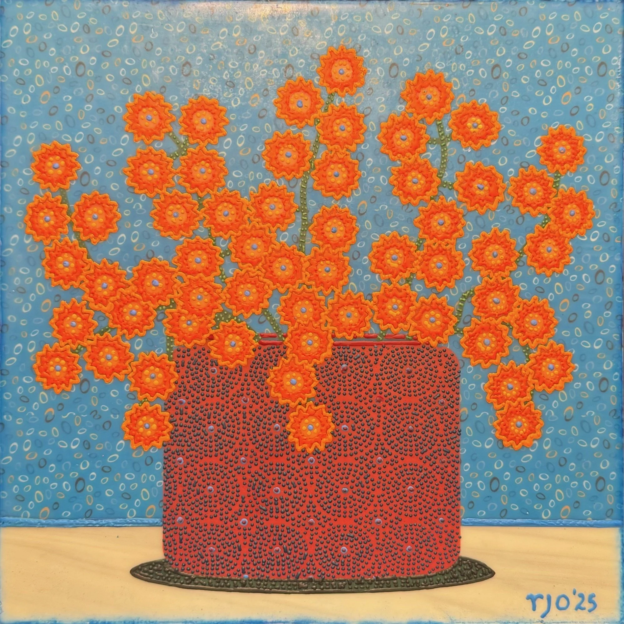 Orange Flowers in a Red Pot, 12x12
