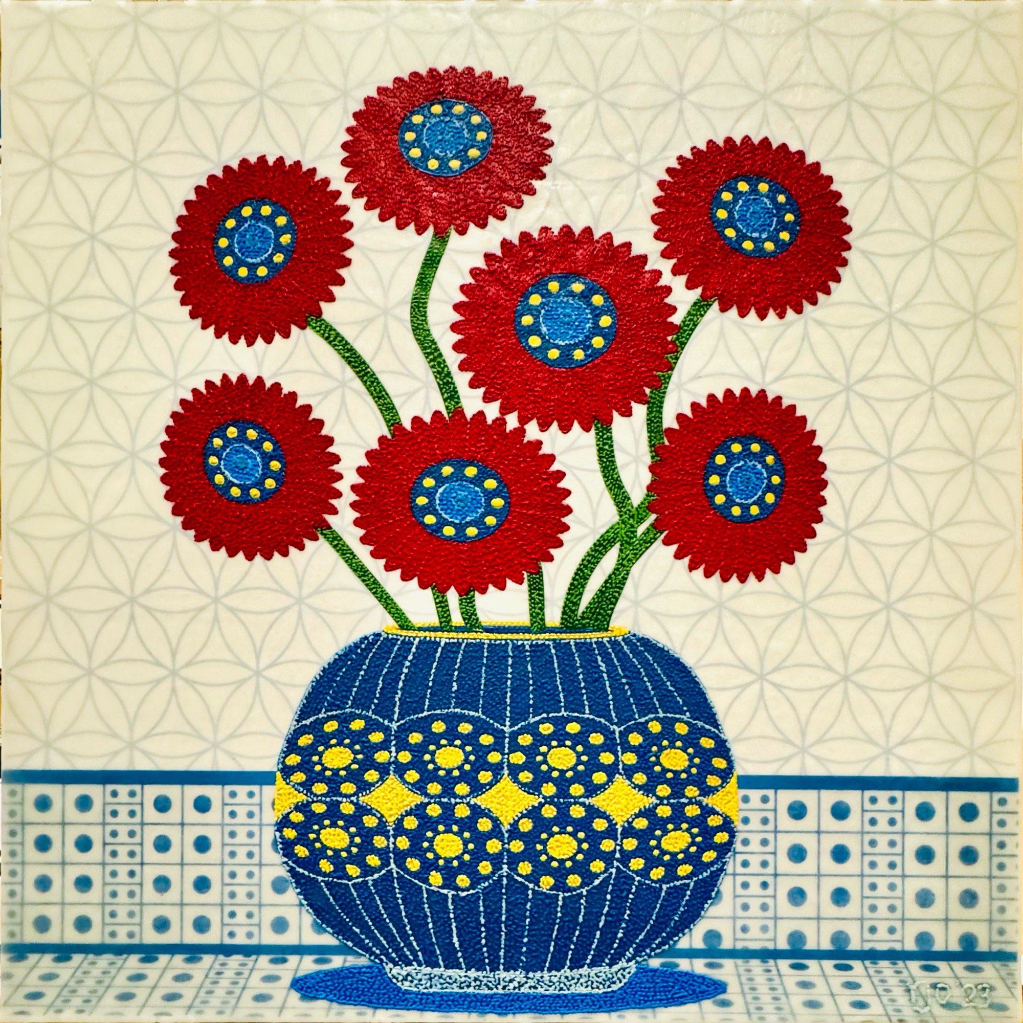 Red Flowers in a Blue and Yellow Pot