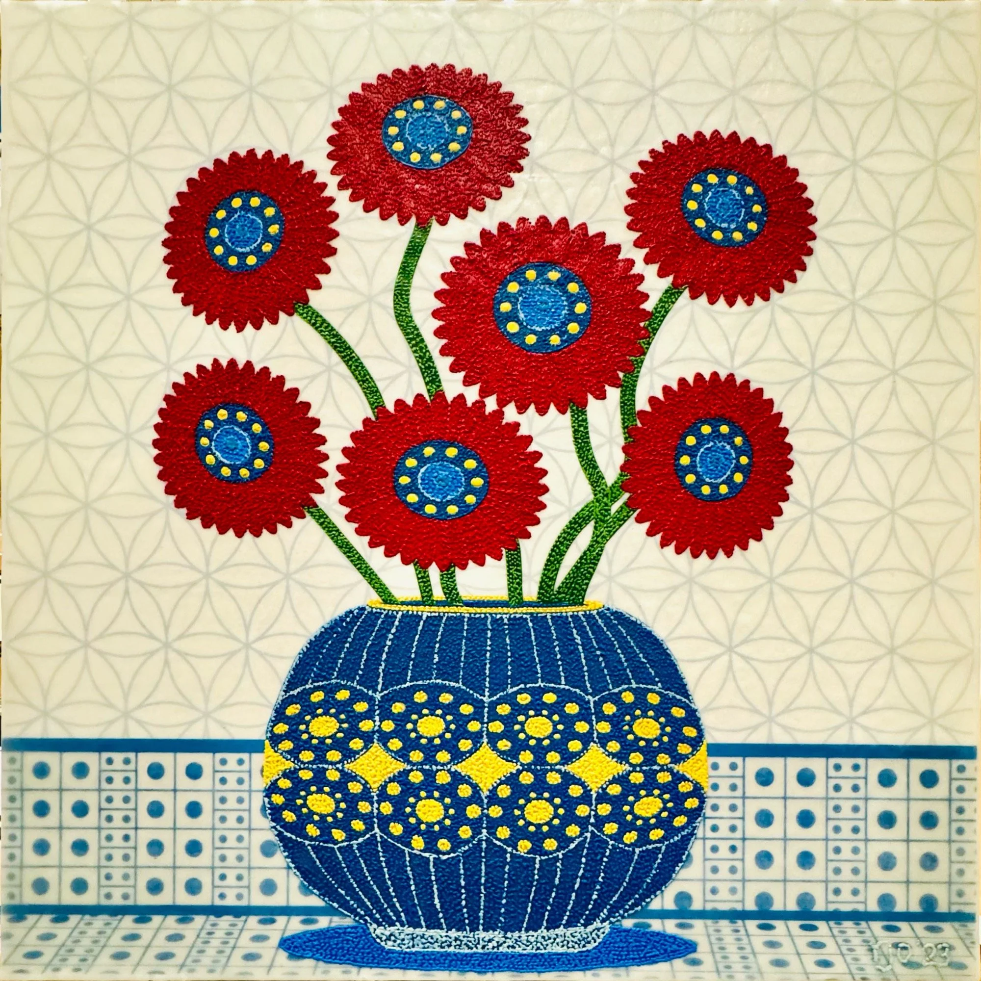 Red Flowers in a Blue and Yellow Bowl, 24x24